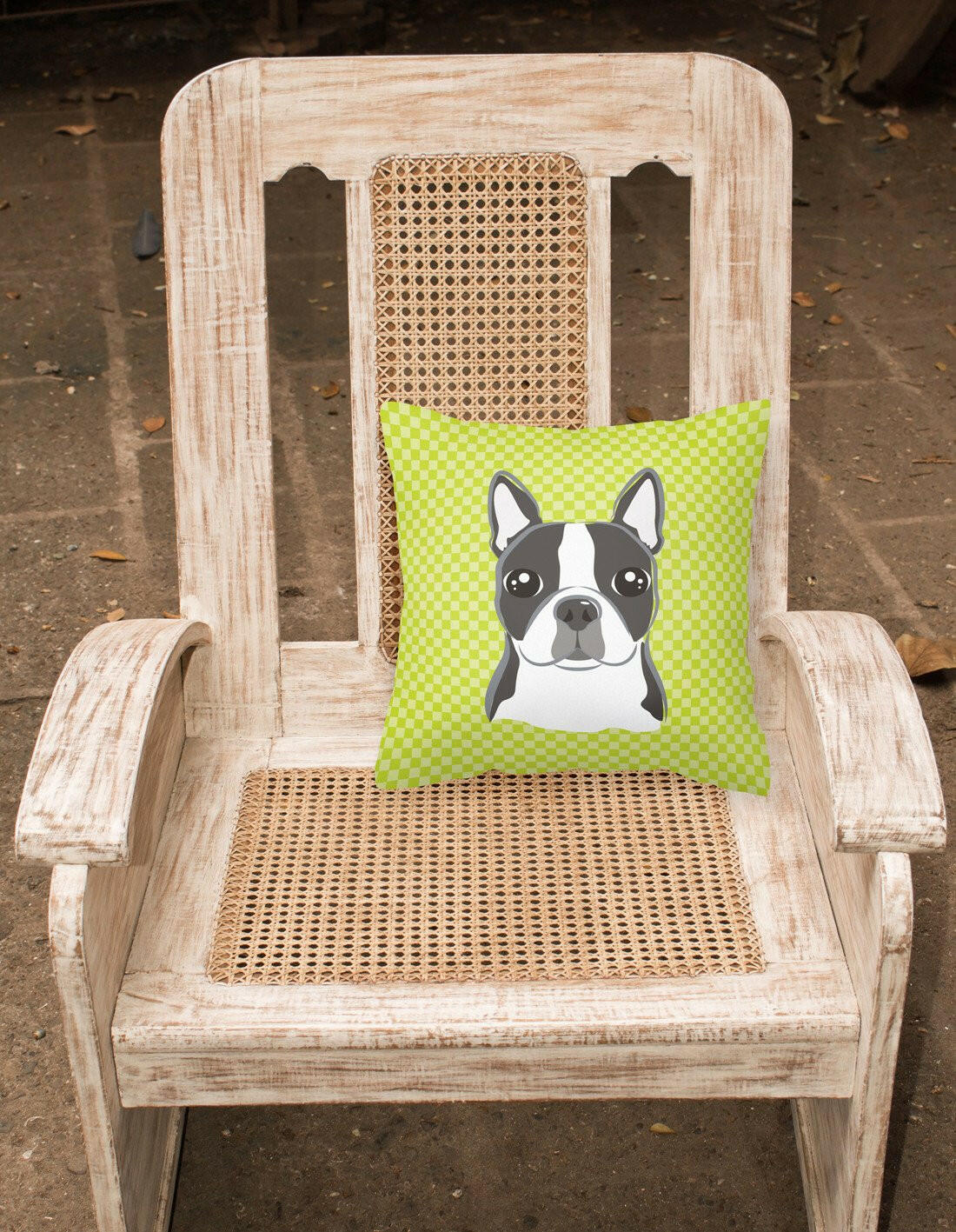 Checkerboard Lime Green Boston Terrier Canvas Fabric Decorative Pillow BB1265PW1414 - the-store.com