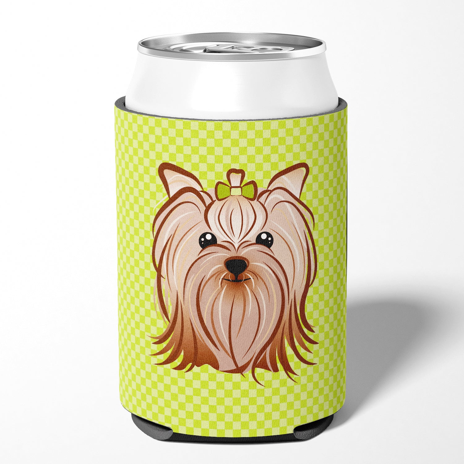 Checkerboard Lime Green Yorkie Yorkshire Terrier Can or Bottle Hugger BB1266CC.