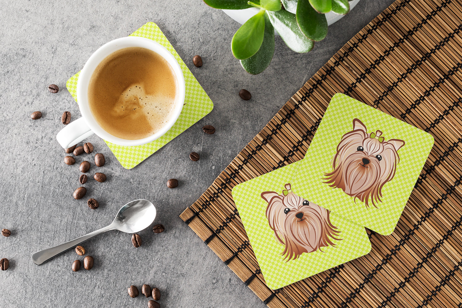 Set of 4 Checkerboard Lime Green Yorkie Yorkshire Terrier Foam Coasters BB1266FC - the-store.com