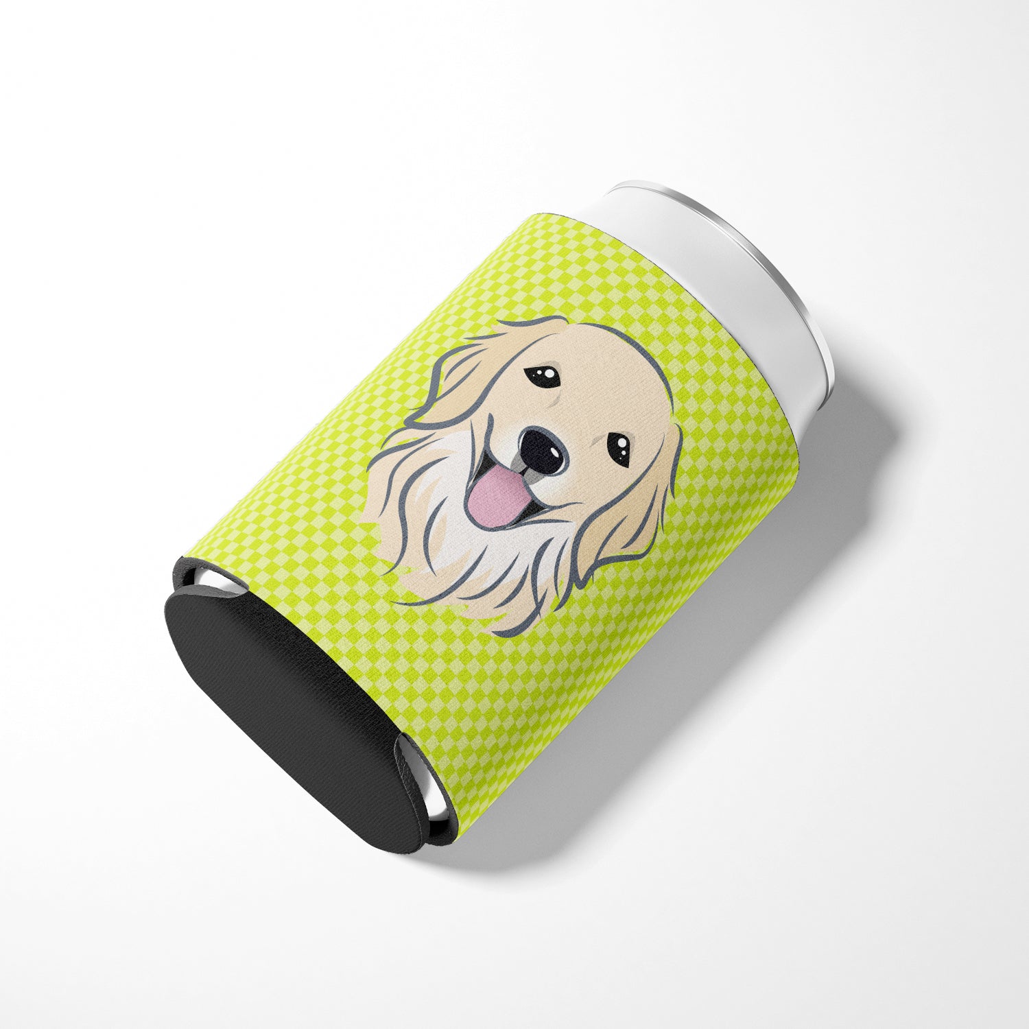 Checkerboard Lime Green Golden Retriever Can or Bottle Hugger BB1267CC.