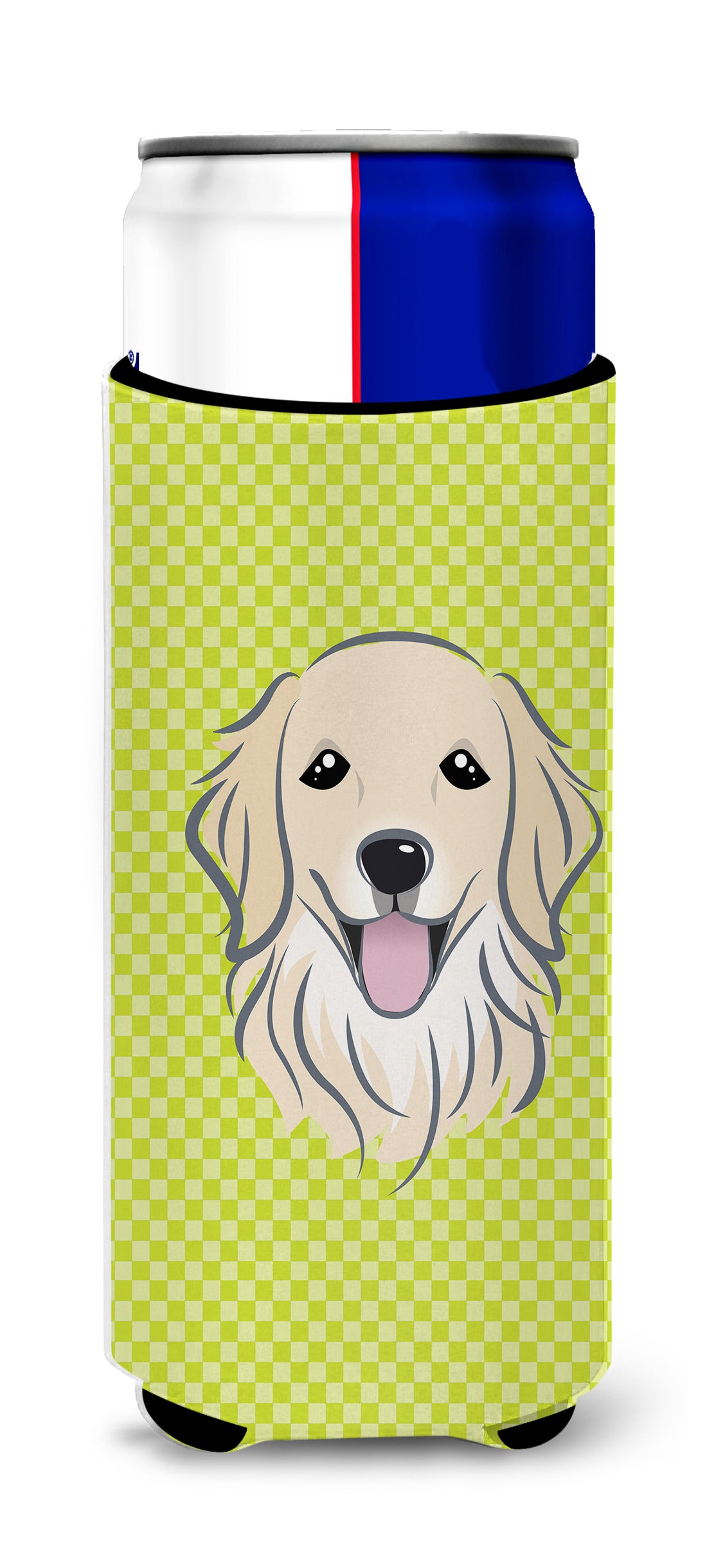 Checkerboard Lime Green Golden Retriever Ultra Beverage Insulators for slim cans.