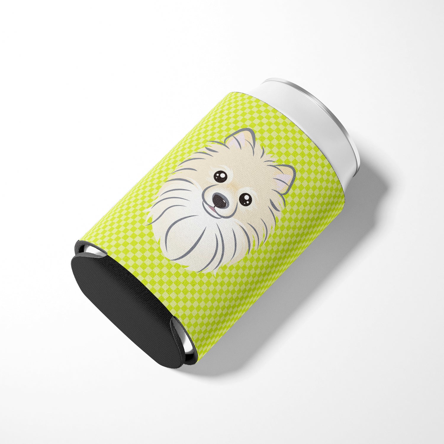 Checkerboard Lime Green Pomeranian Can or Bottle Hugger BB1269CC.