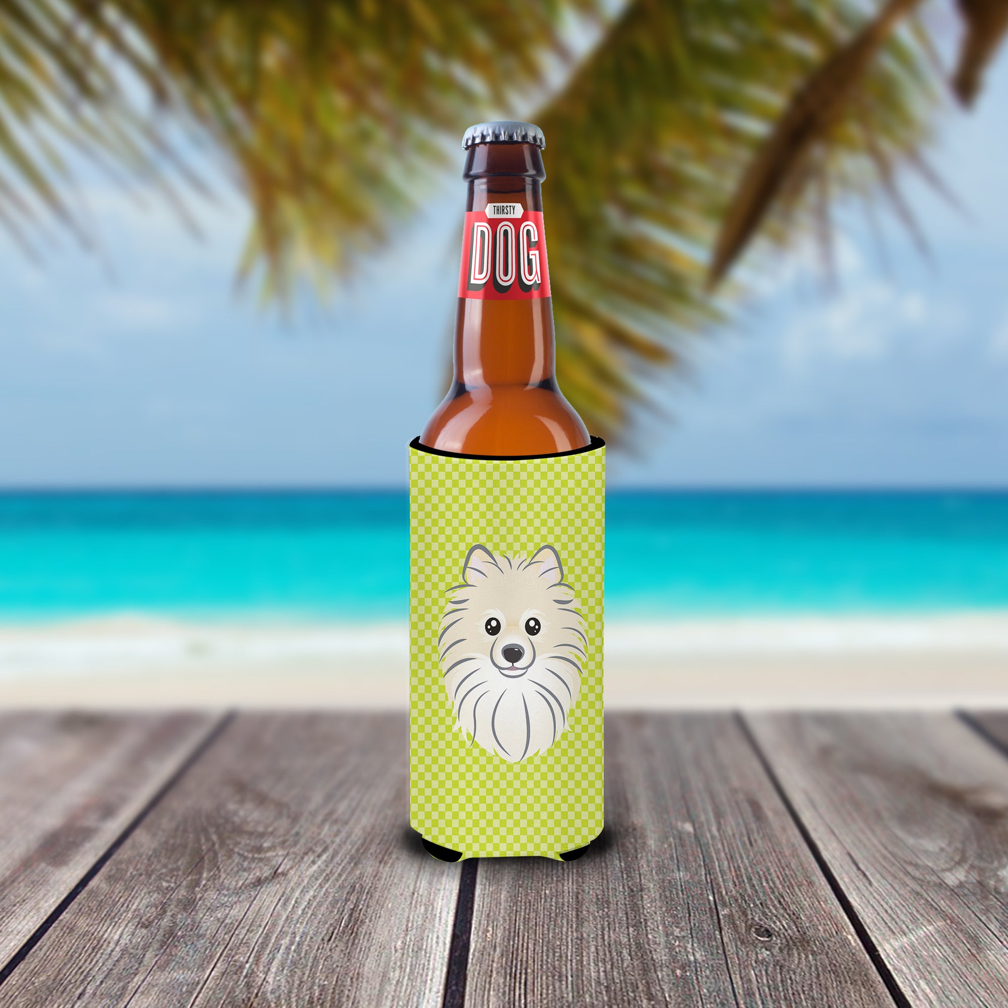 Checkerboard Lime Green Pomeranian Ultra Beverage Insulators for slim cans.