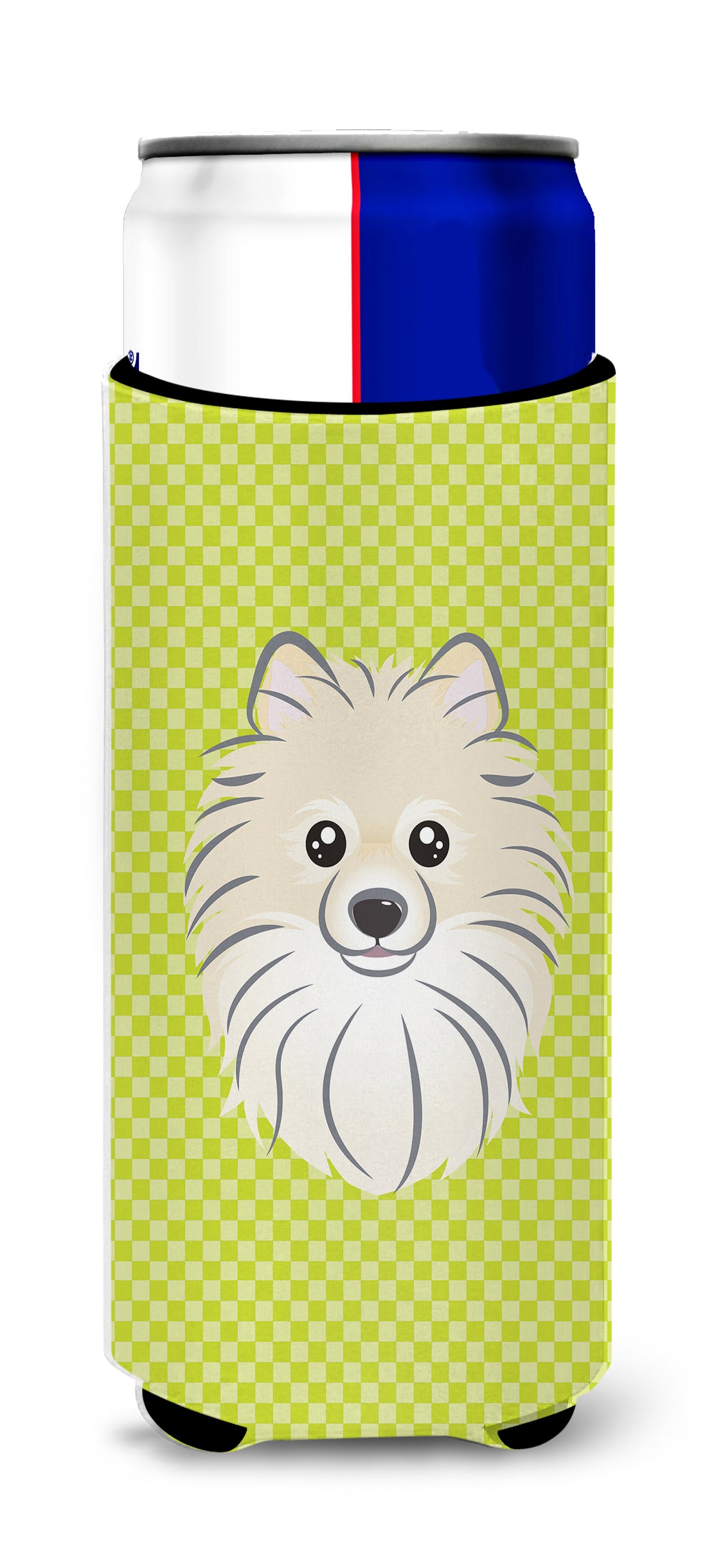 Checkerboard Lime Green Pomeranian Ultra Beverage Insulators for slim cans.