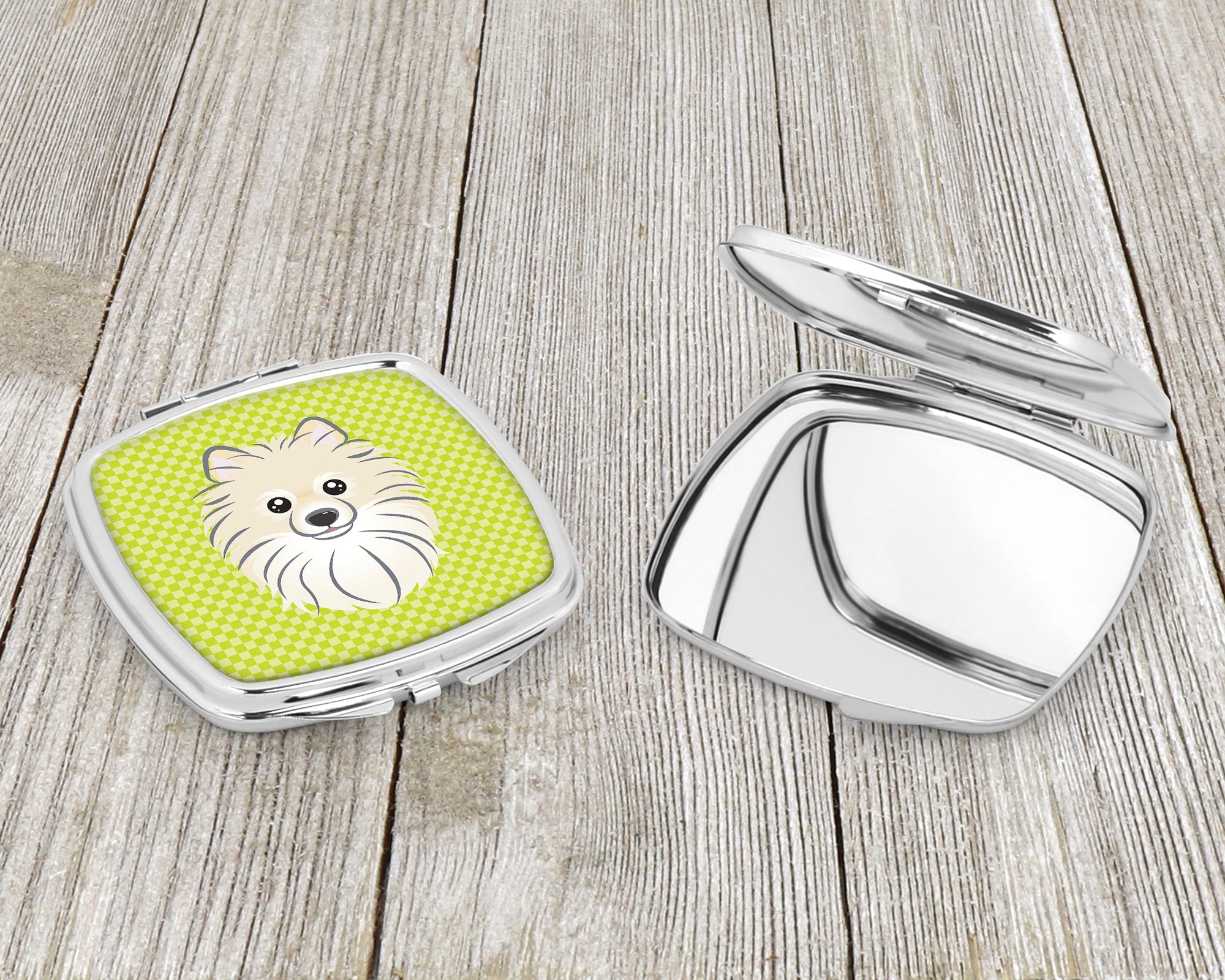 Checkerboard Lime Green Pomeranian Compact Mirror BB1269SCM  the-store.com.