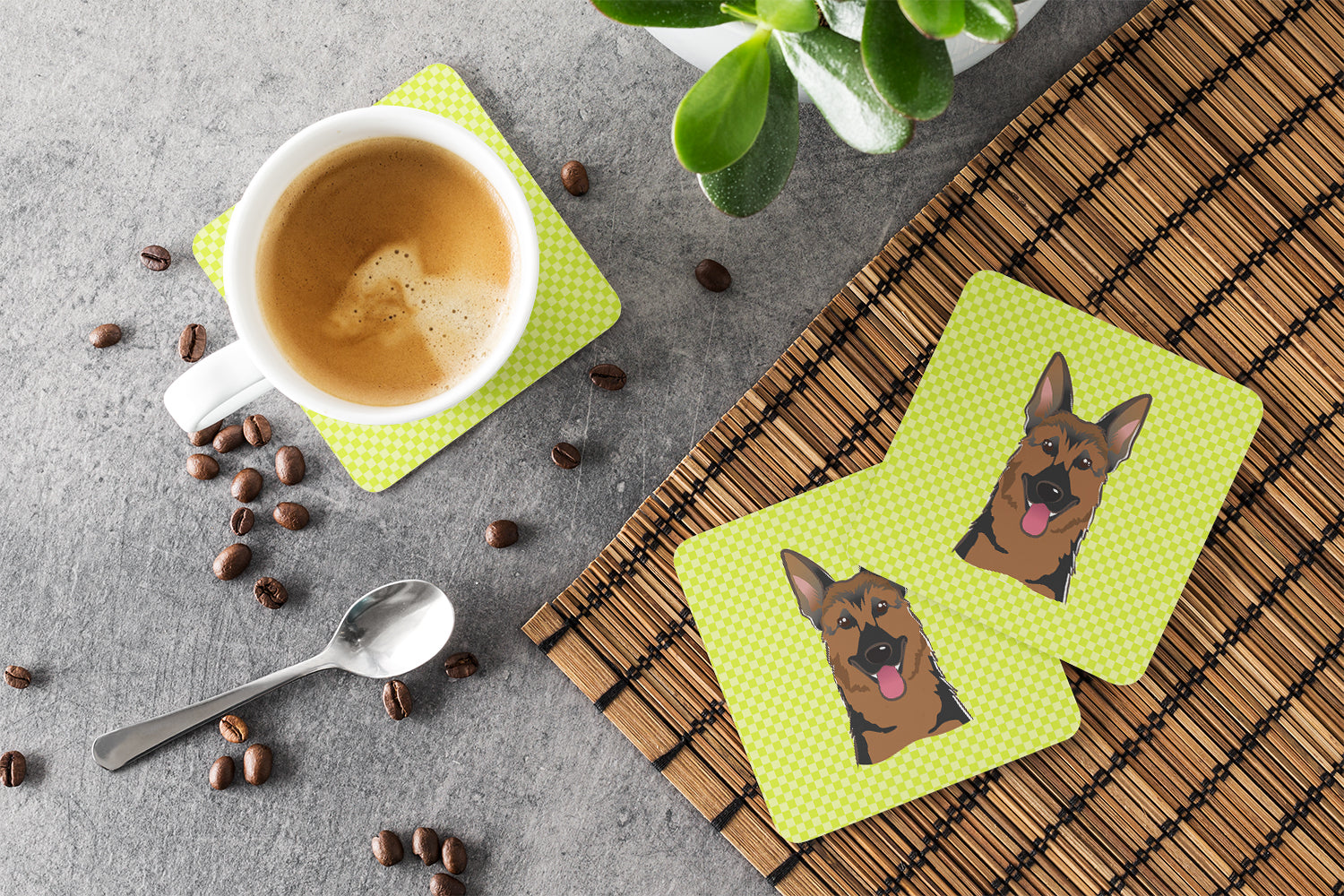 Set of 4 Checkerboard Lime Green German Shepherd Foam Coasters BB1273FC - the-store.com