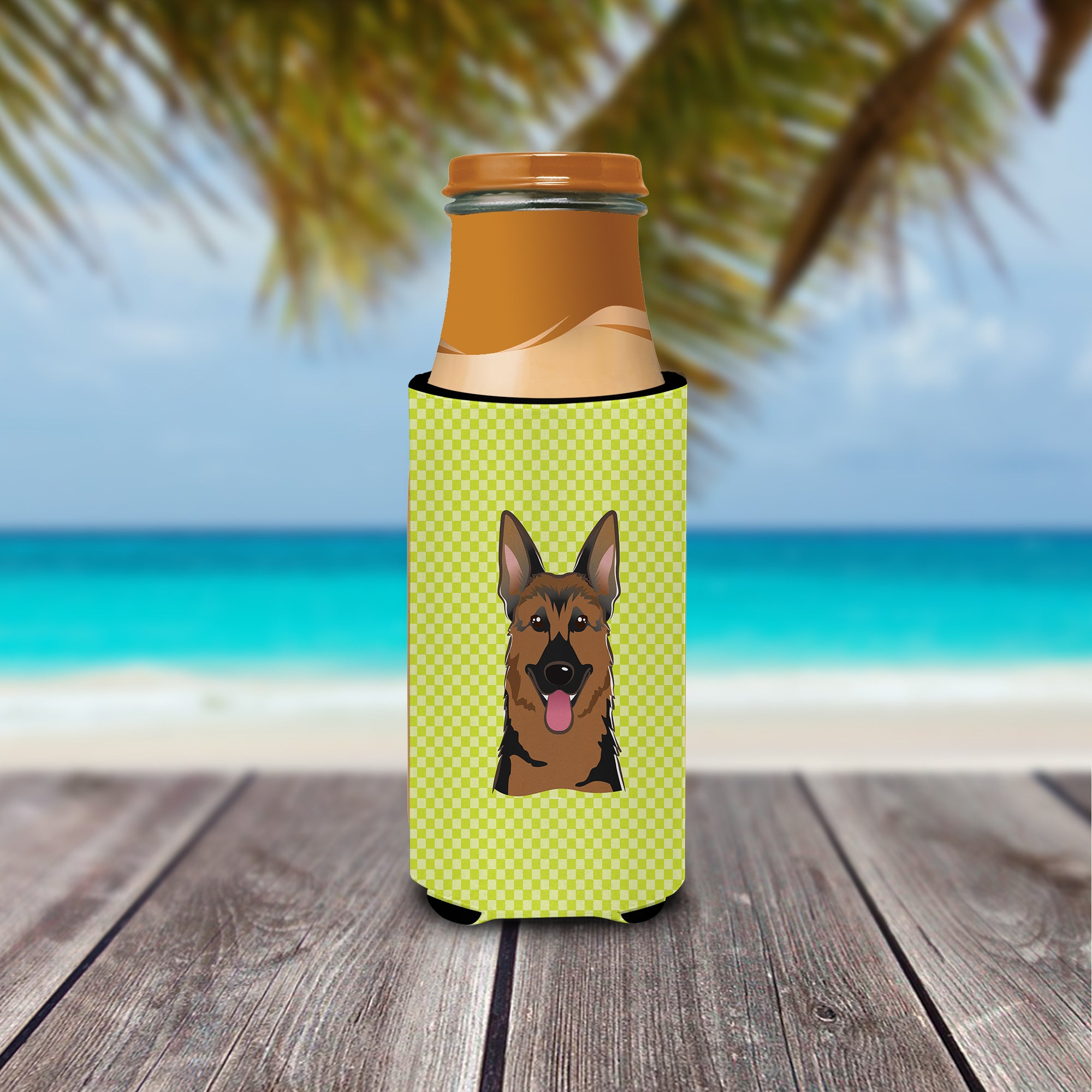 Checkerboard Lime Green German Shepherd Ultra Beverage Insulators for slim cans.