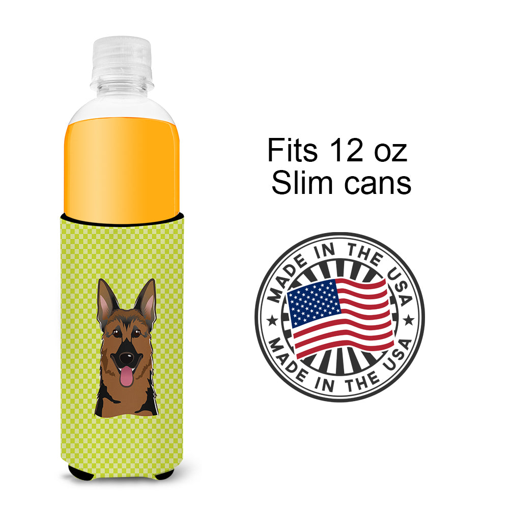 Checkerboard Lime Green German Shepherd Ultra Beverage Insulators for slim cans.