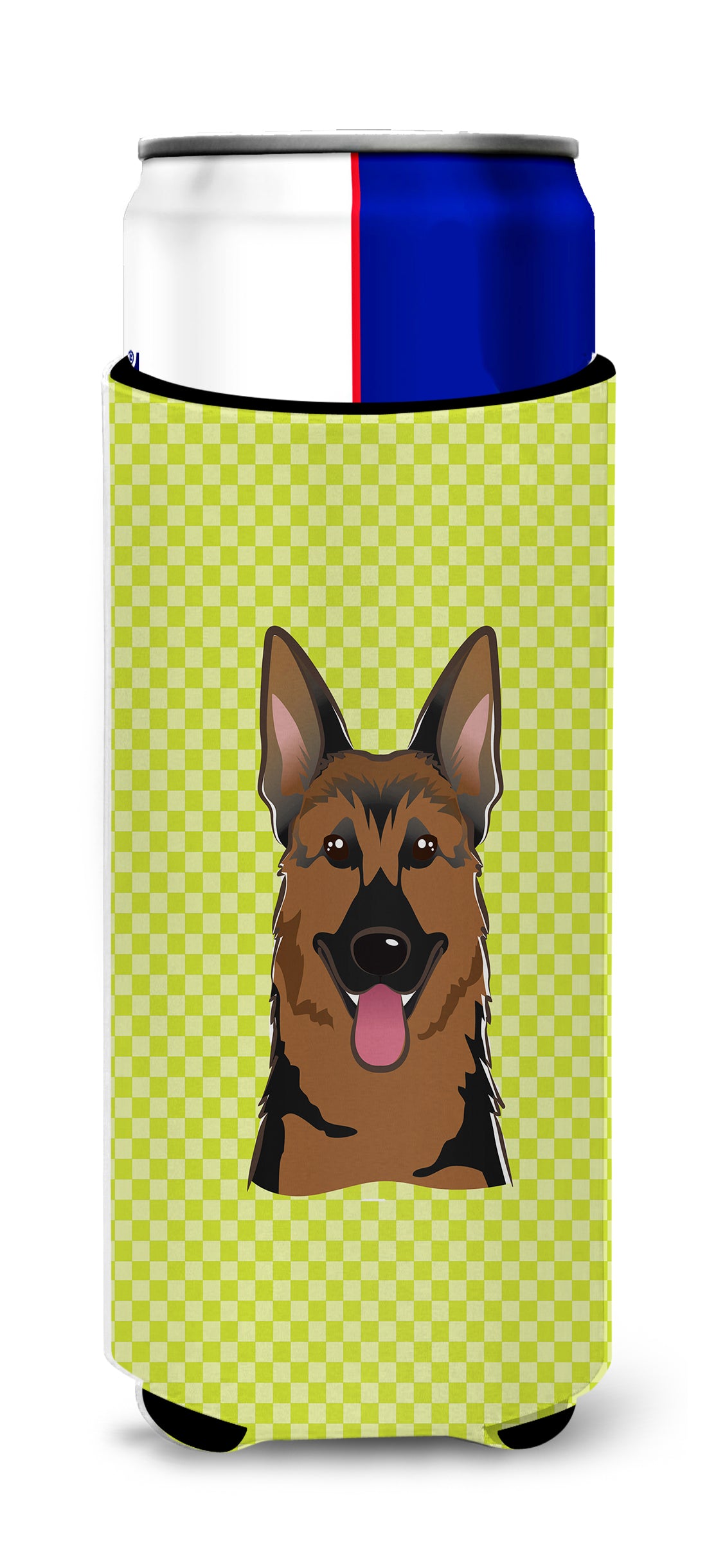 Checkerboard Lime Green German Shepherd Ultra Beverage Insulators for slim cans.