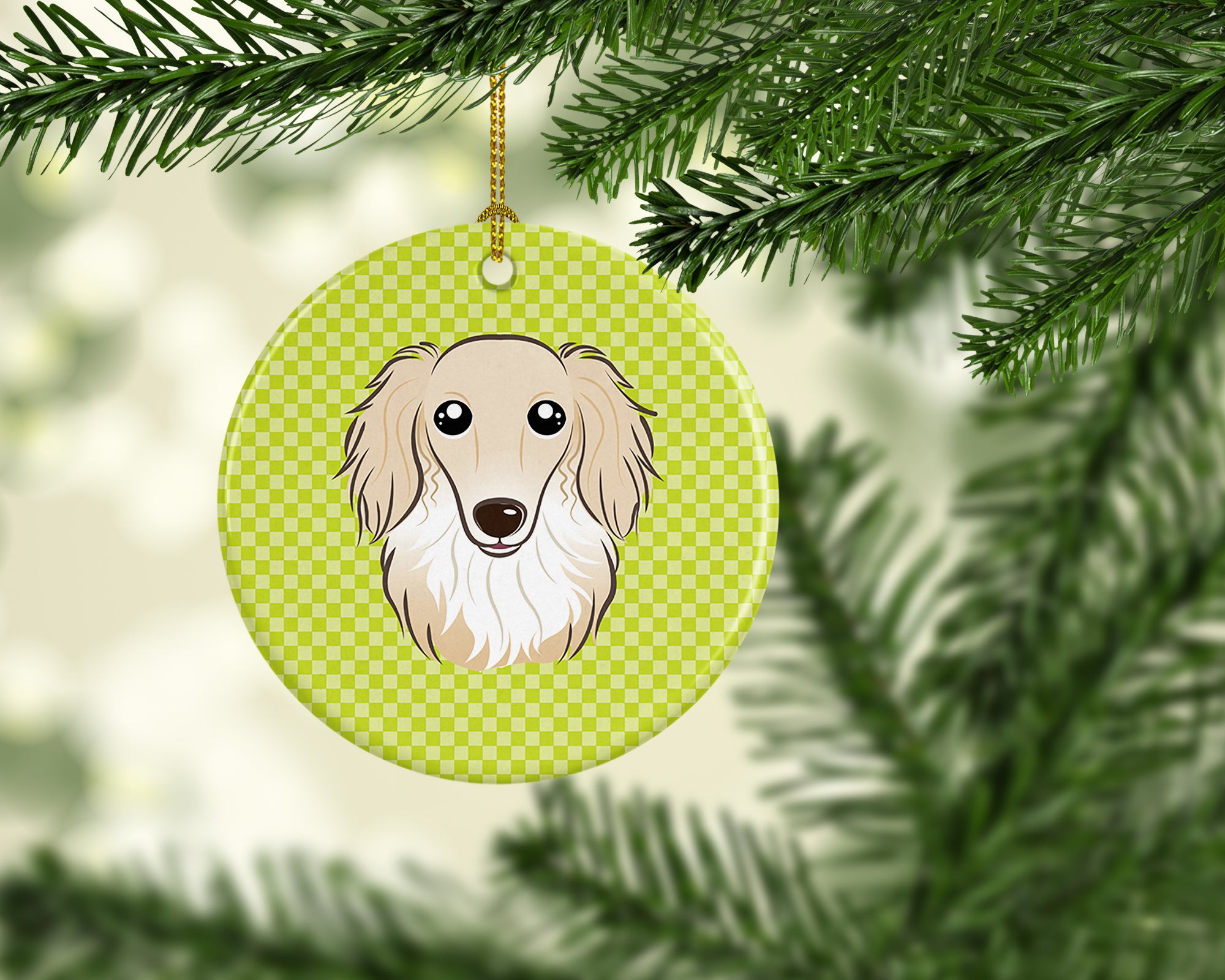 Checkerboard Lime Green Longhair Creme Dachshund Ceramic Ornament BB1274CO1 - the-store.com