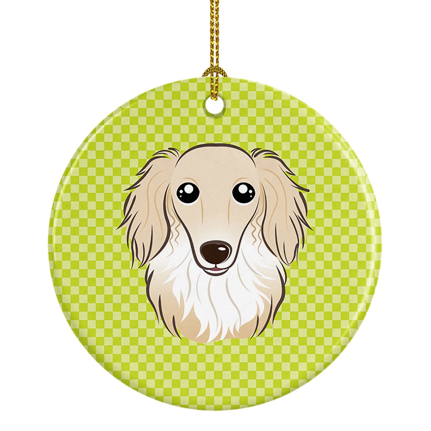 Checkerboard Lime Green Longhair Creme Dachshund Ceramic Ornament BB1274CO1 - the-store.com