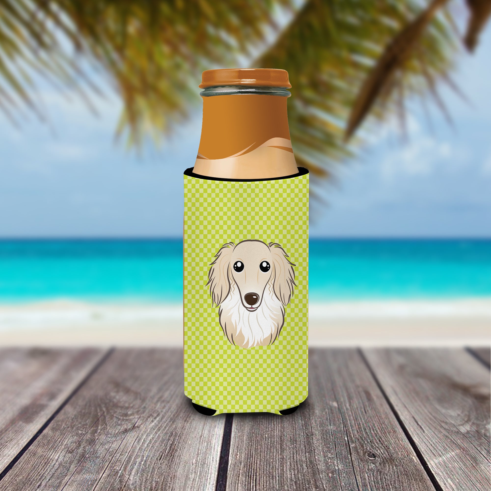 Checkerboard Lime Green Longhair Dachshund Ultra Beverage Insulators for slim cans.