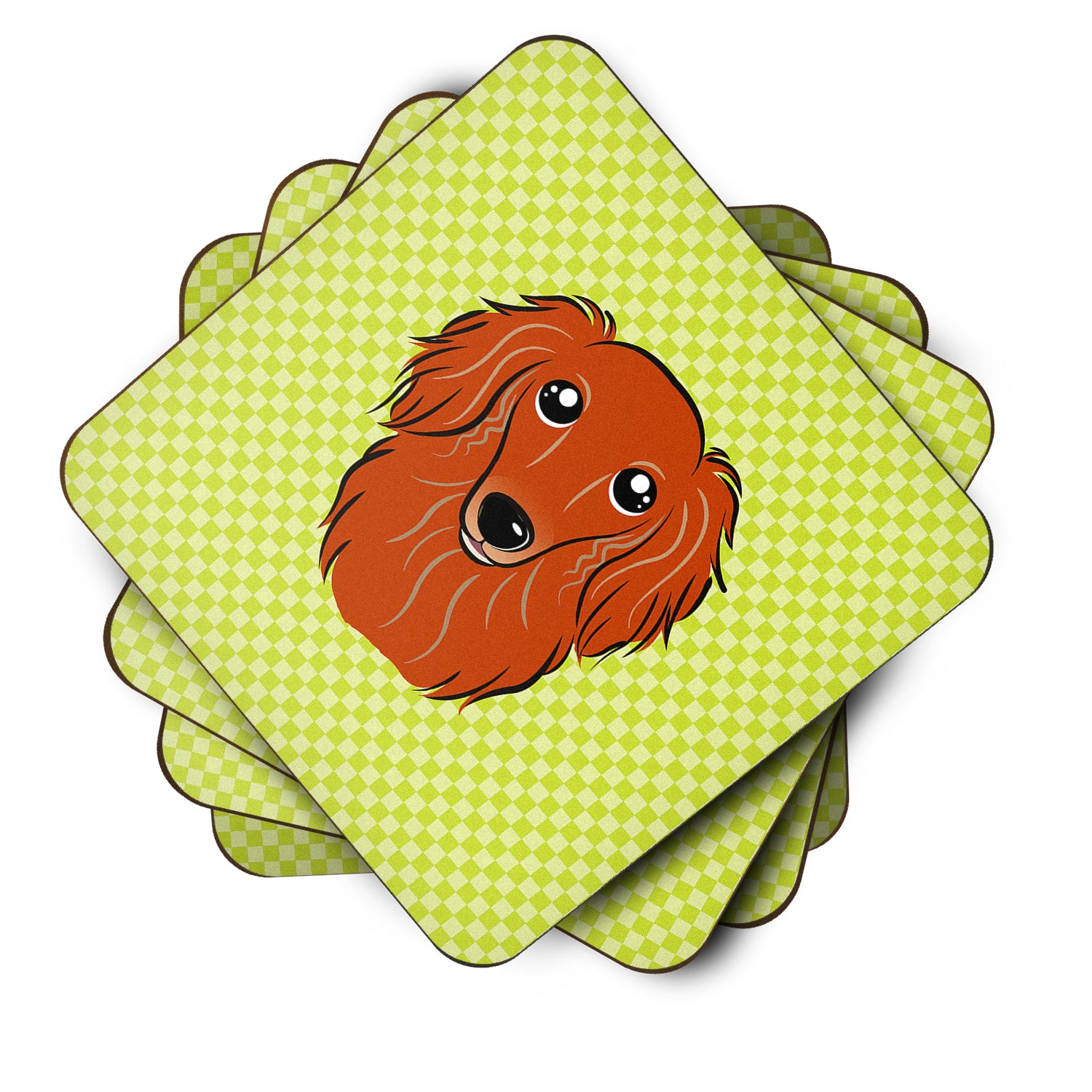 Set of 4 Checkerboard Lime Green Longhair Red Dachshund Foam Coasters BB1276FC - the-store.com