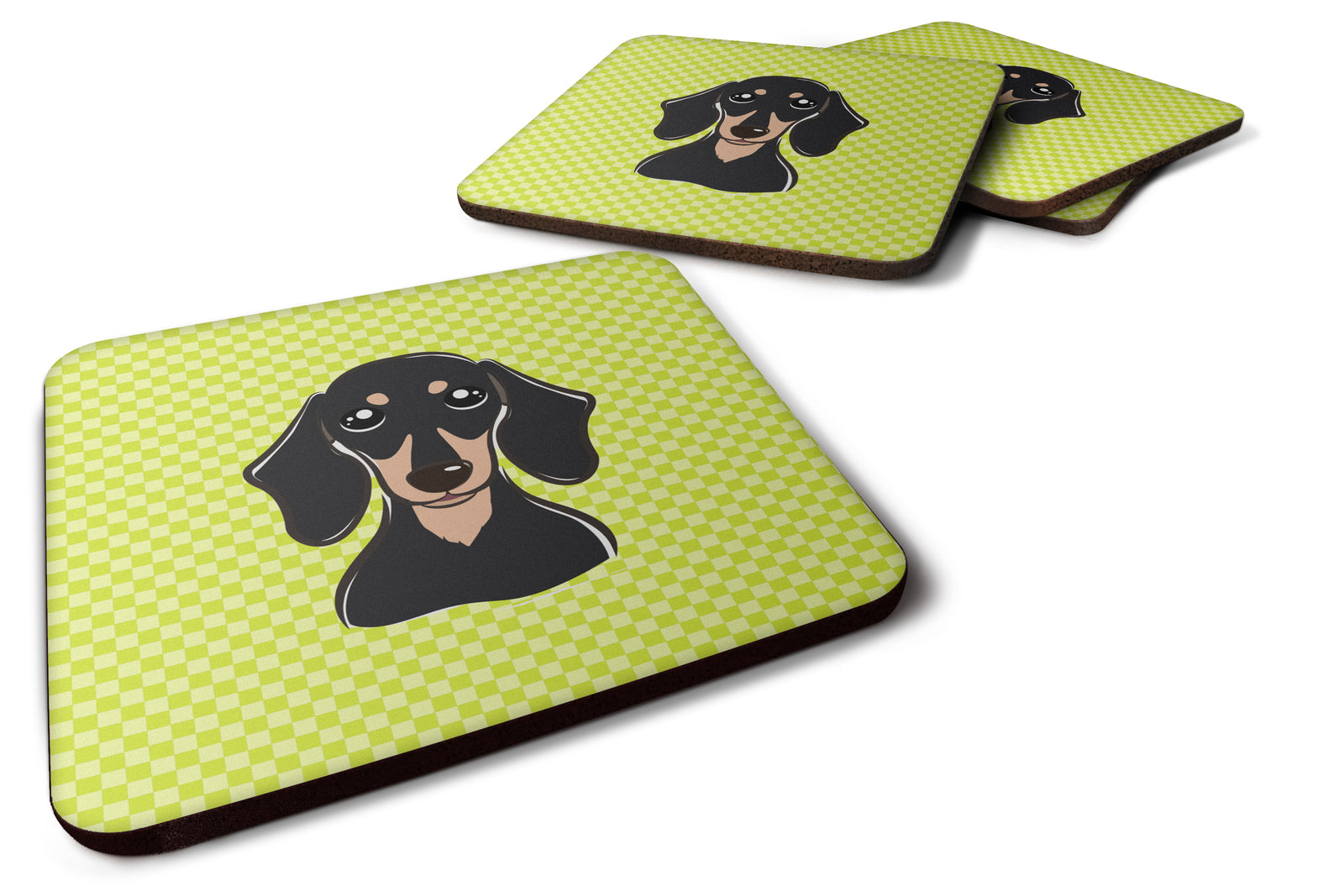 Set of 4 Checkerboard Lime Green Smooth Black and Tan Dachshund Foam Coasters BB1277FC - the-store.com