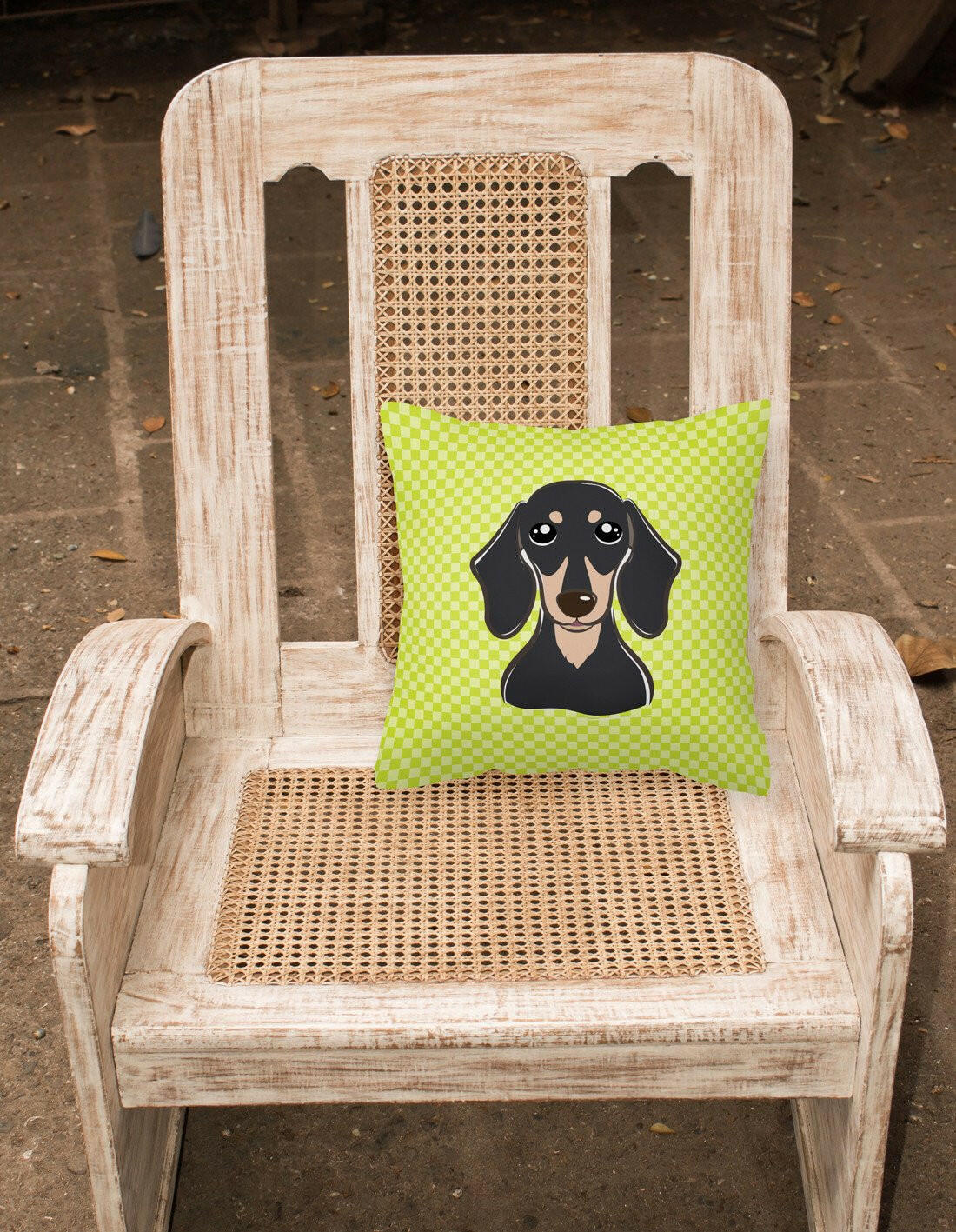 Checkerboard Lime Green Smooth Black and Tan Dachshund Canvas Fabric Decorative Pillow BB1277PW1414 - the-store.com