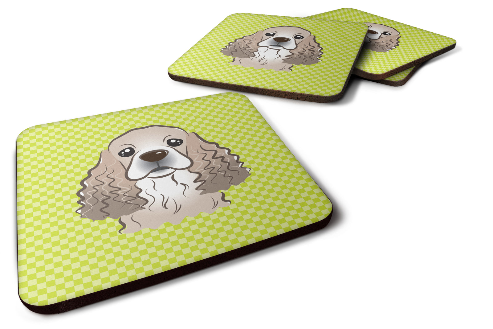 Set of 4 Checkerboard Lime Green Cocker Spaniel Foam Coasters BB1278FC - the-store.com