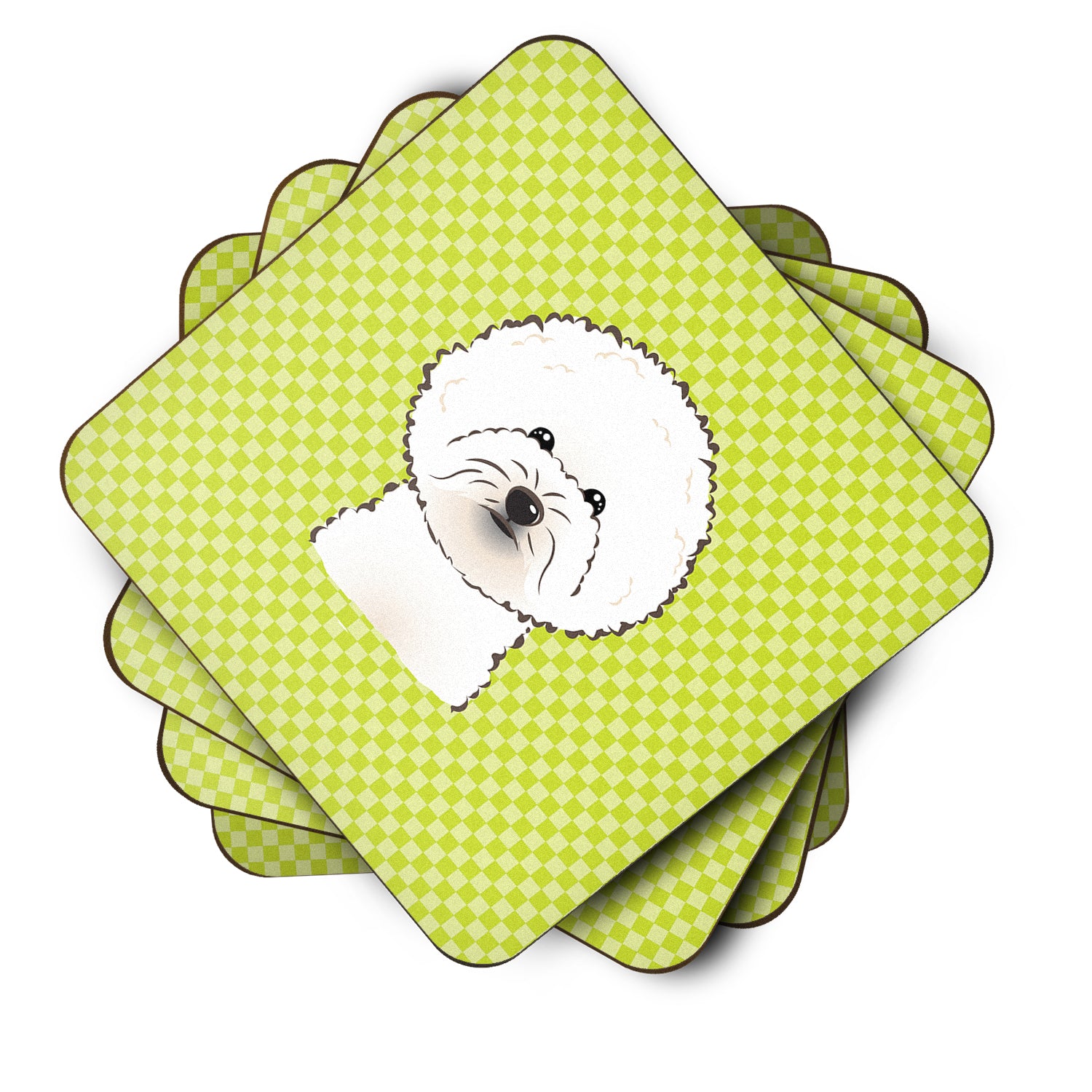 Set of 4 Checkerboard Lime Green Bichon Frise Foam Coasters BB1279FC - the-store.com