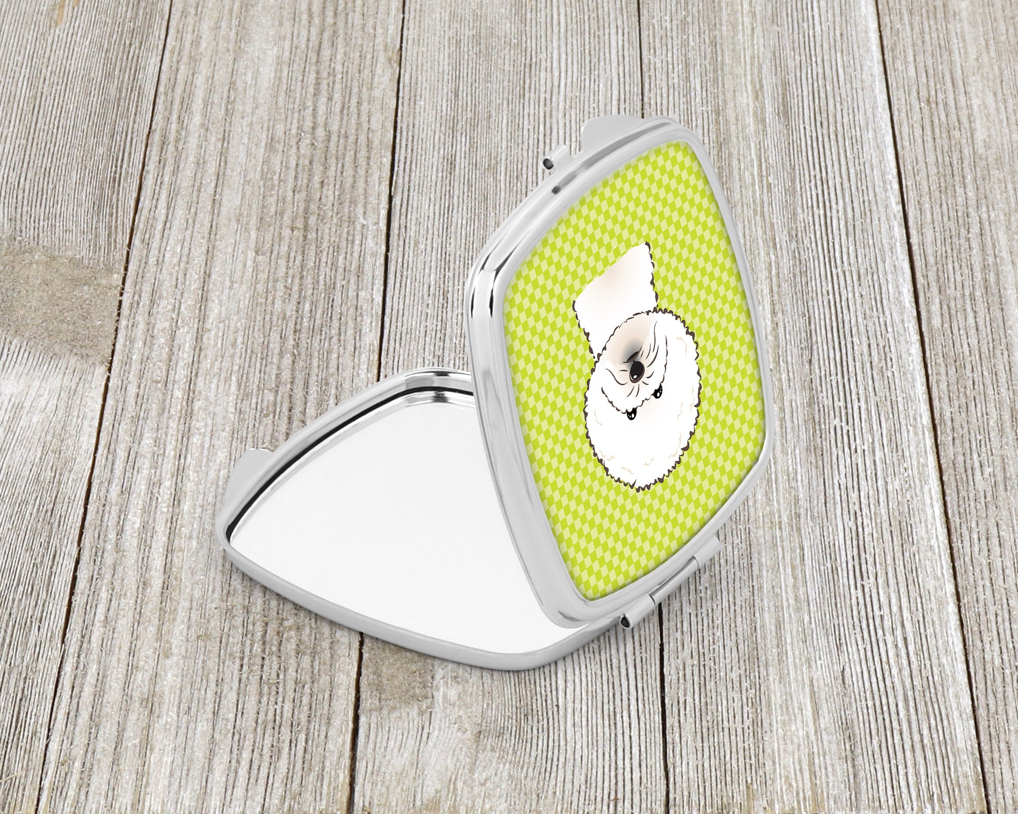 Checkerboard Lime Green Bichon Frise Compact Mirror BB1279SCM  the-store.com.