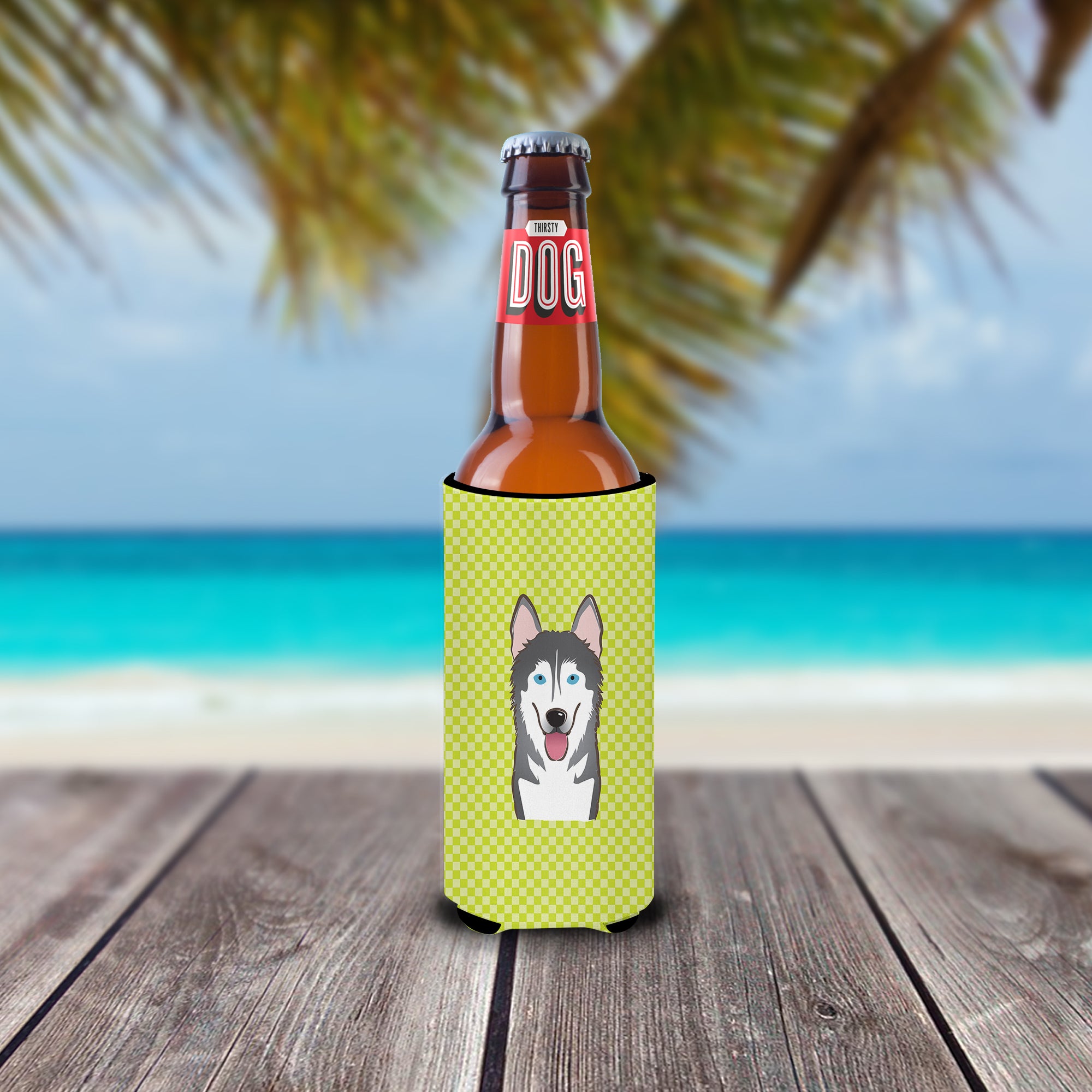 Checkerboard Lime Green Alaskan Malamute Ultra Beverage Insulators for slim cans.