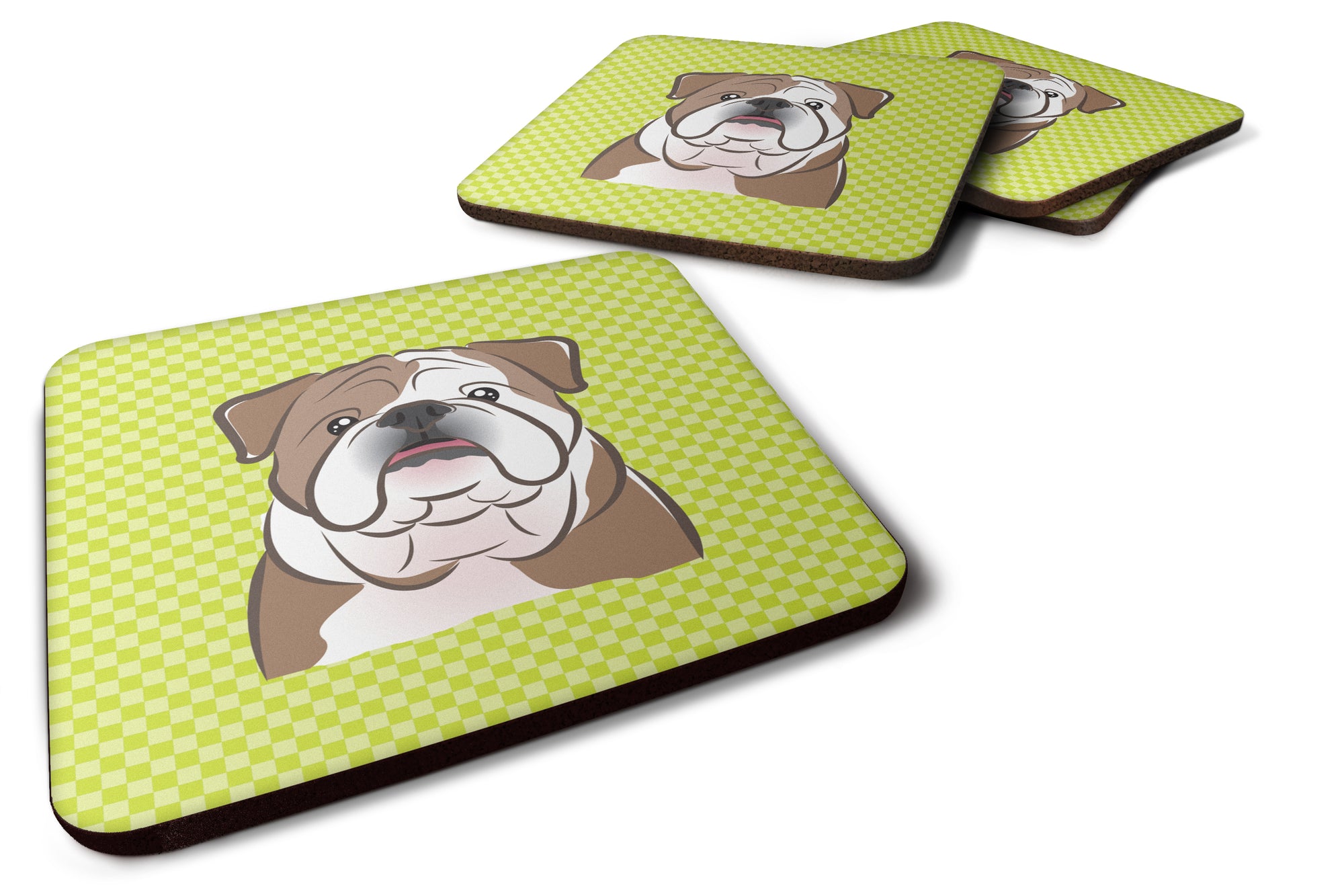 Set of 4 Checkerboard Lime Green English Bulldog  Foam Coasters BB1281FC - the-store.com