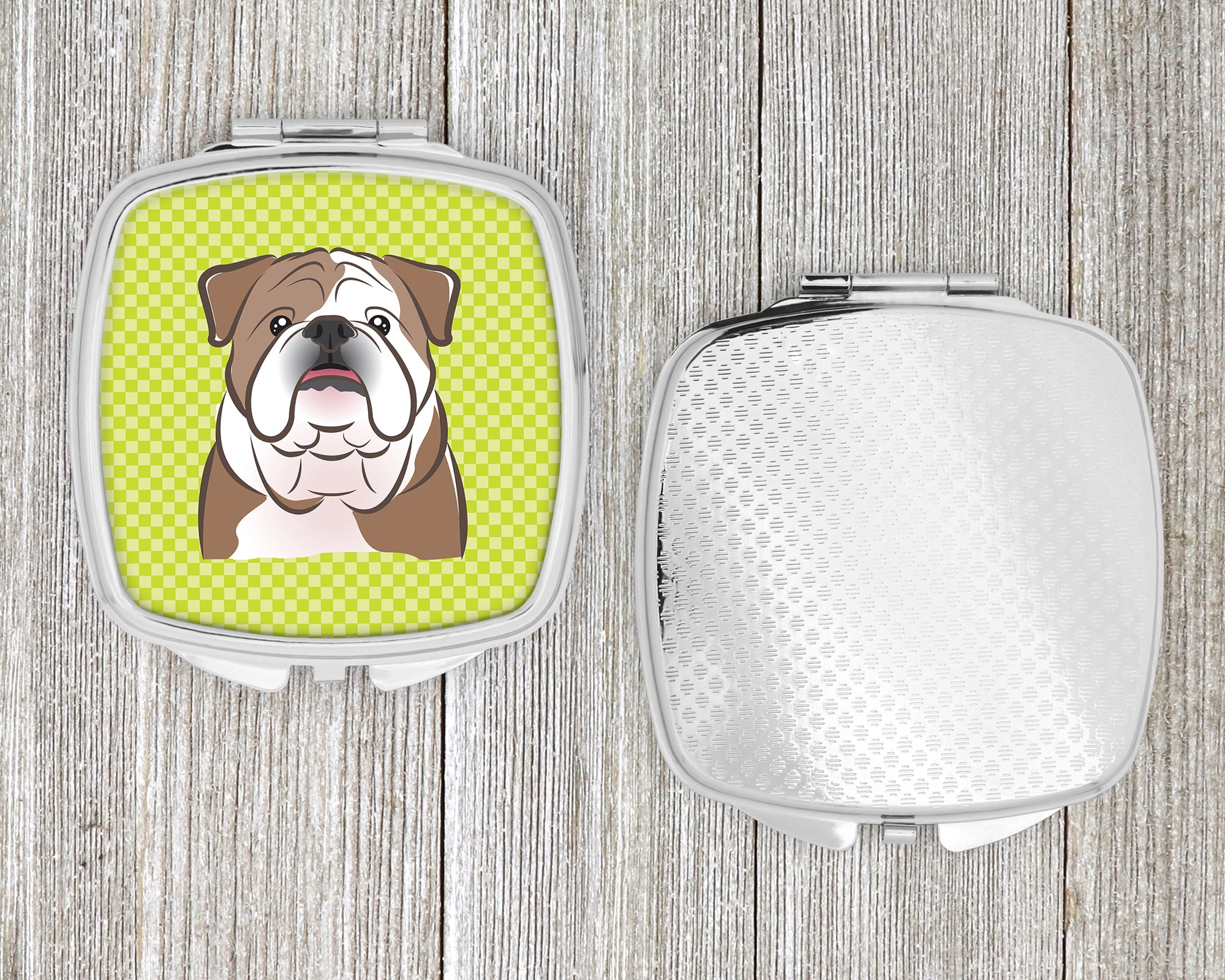 Checkerboard Lime Green English Bulldog  Compact Mirror BB1281SCM  the-store.com.