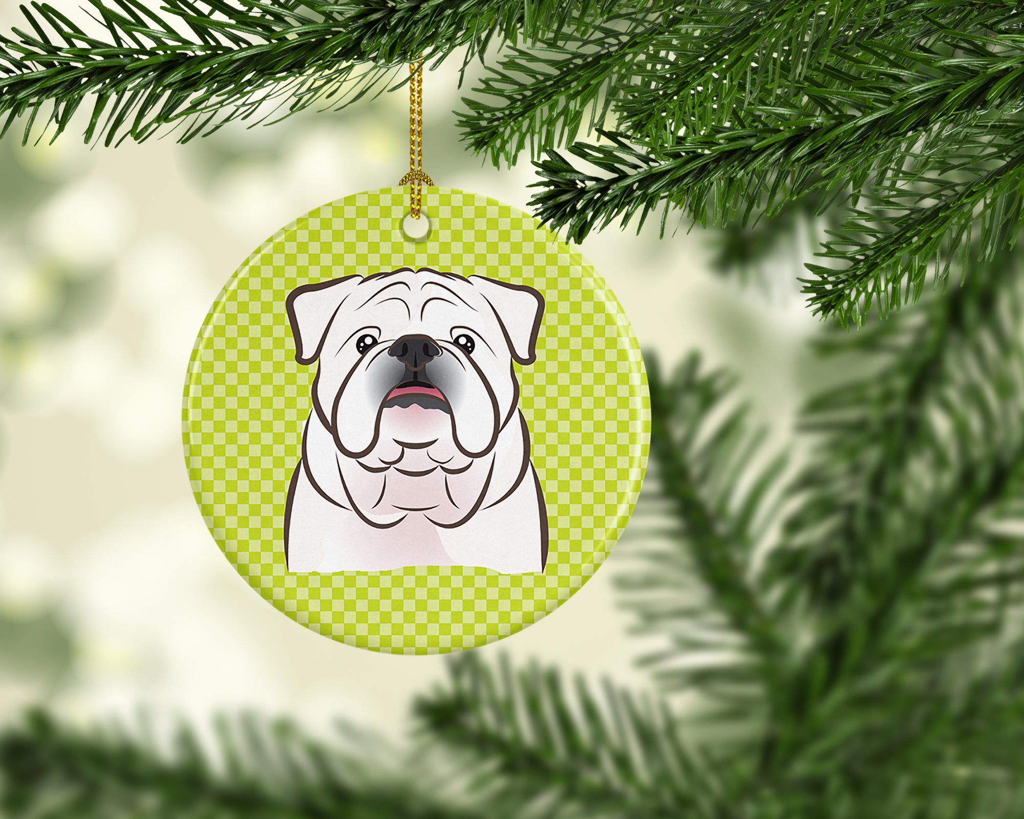 Checkerboard Lime Green White English Bulldog Ceramic Ornament - the-store.com