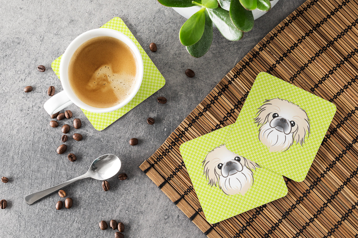 Set of 4 Checkerboard Lime Green Pekingese Foam Coasters BB1283FC - the-store.com