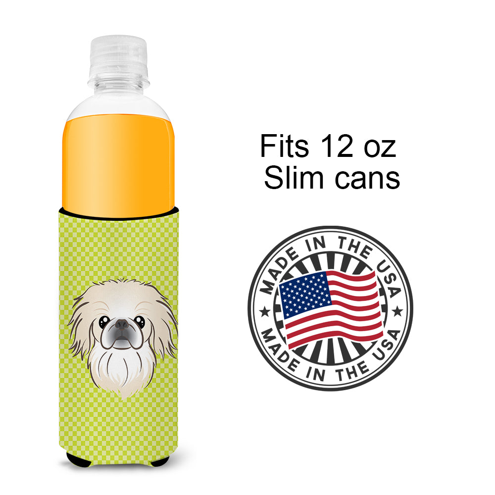 Checkerboard Lime Green Pekingese Ultra Beverage Insulators for slim cans BB1283MUK.