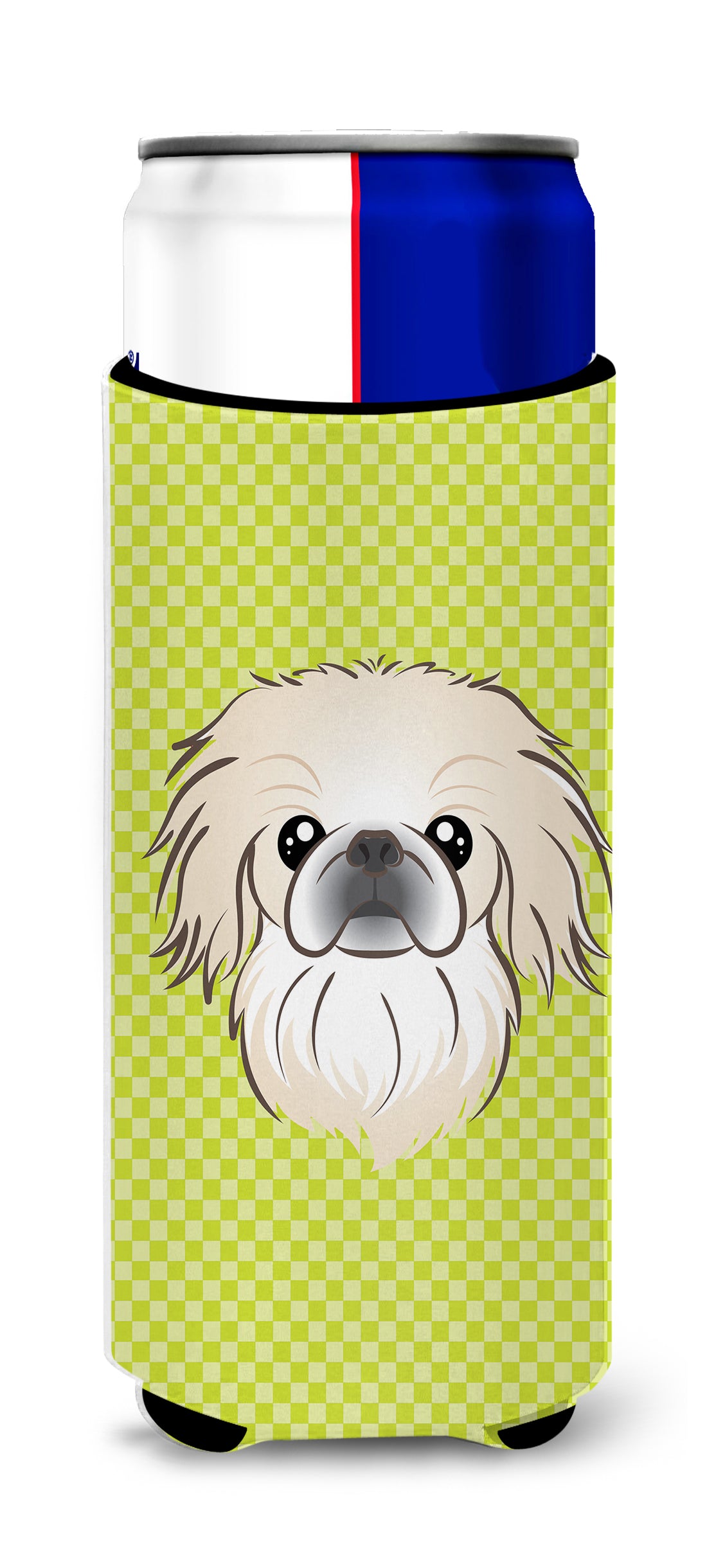 Checkerboard Lime Green Pekingese Ultra Beverage Insulators for slim cans BB1283MUK.