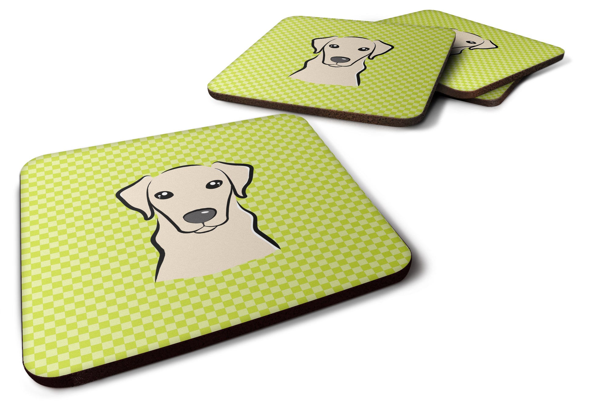 Set of 4 Checkerboard Lime Green Yellow Labrador Foam Coasters BB1284FC - the-store.com