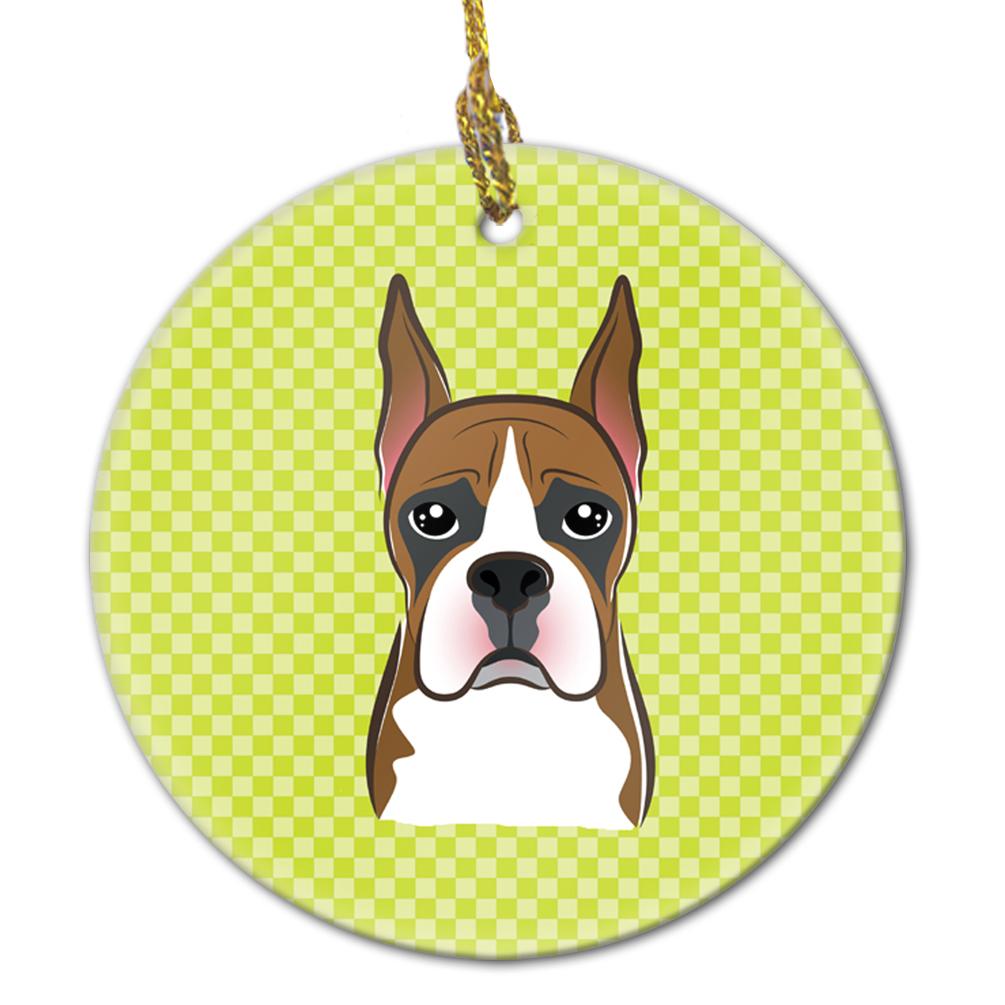 Checkerboard Lime Green Boxer Ceramic Ornament by Caroline's Treasures