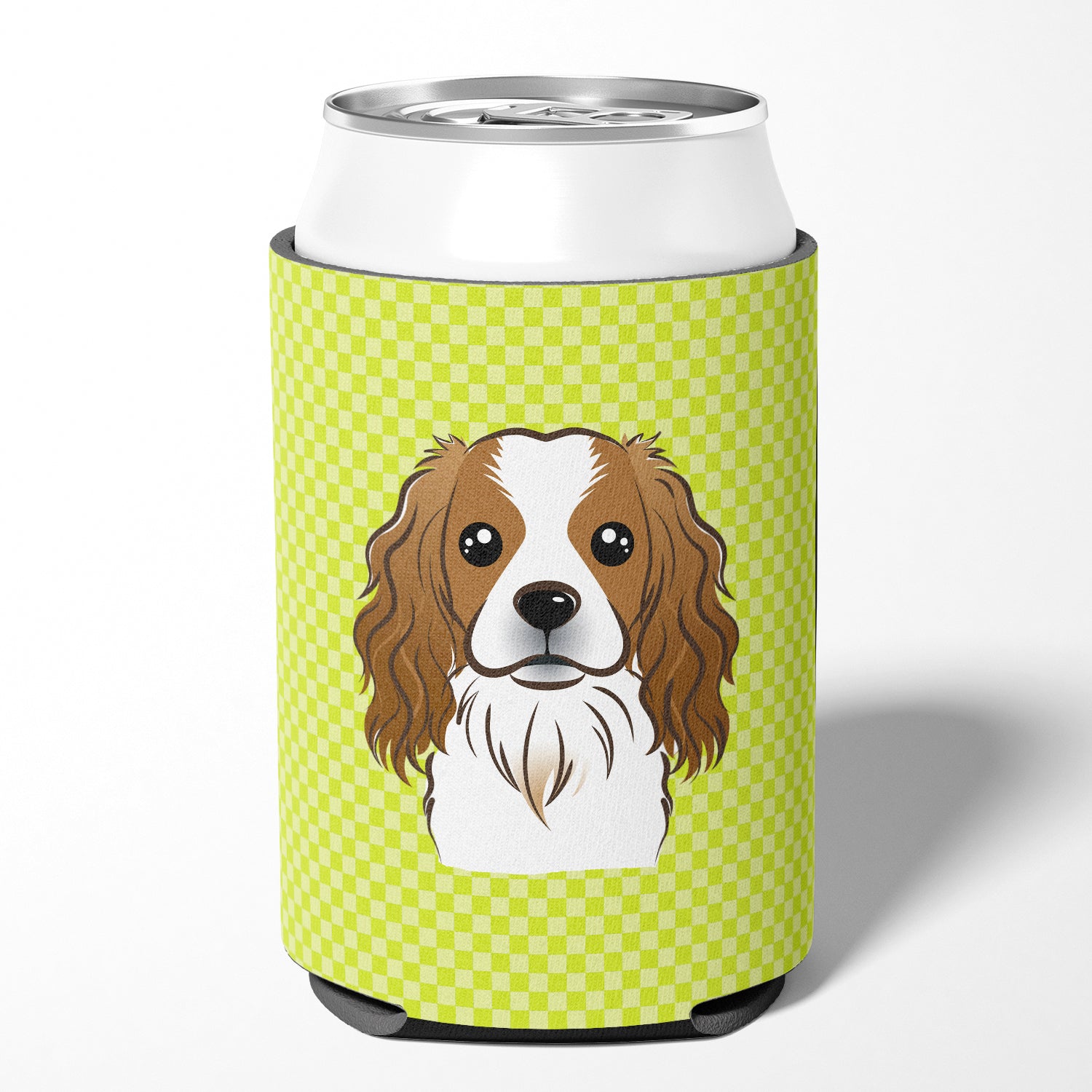 Checkerboard Lime Green Cavalier Spaniel Can or Bottle Hugger BB1286CC.