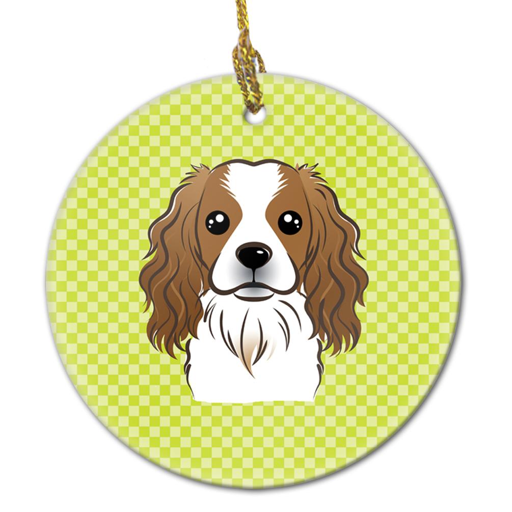 Checkerboard Lime Green Cavalier Spaniel Ceramic Ornament by Caroline's Treasures