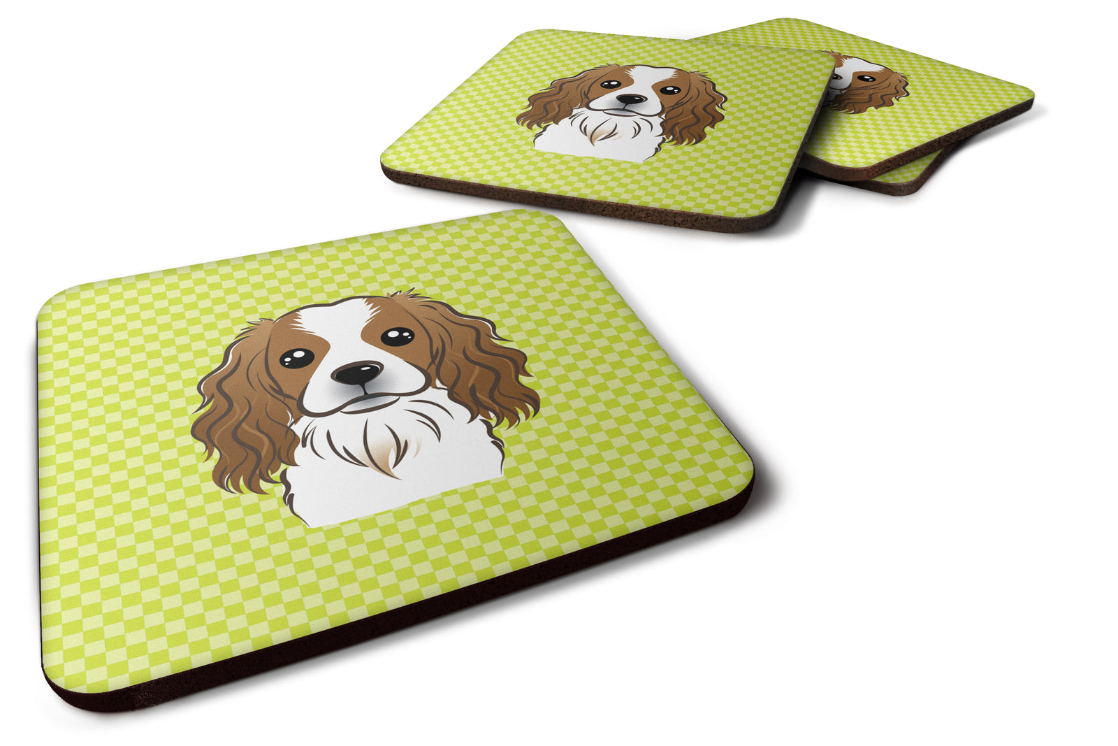 Set of 4 Checkerboard Lime Green Cavalier Spaniel Foam Coasters BB1286FC - the-store.com