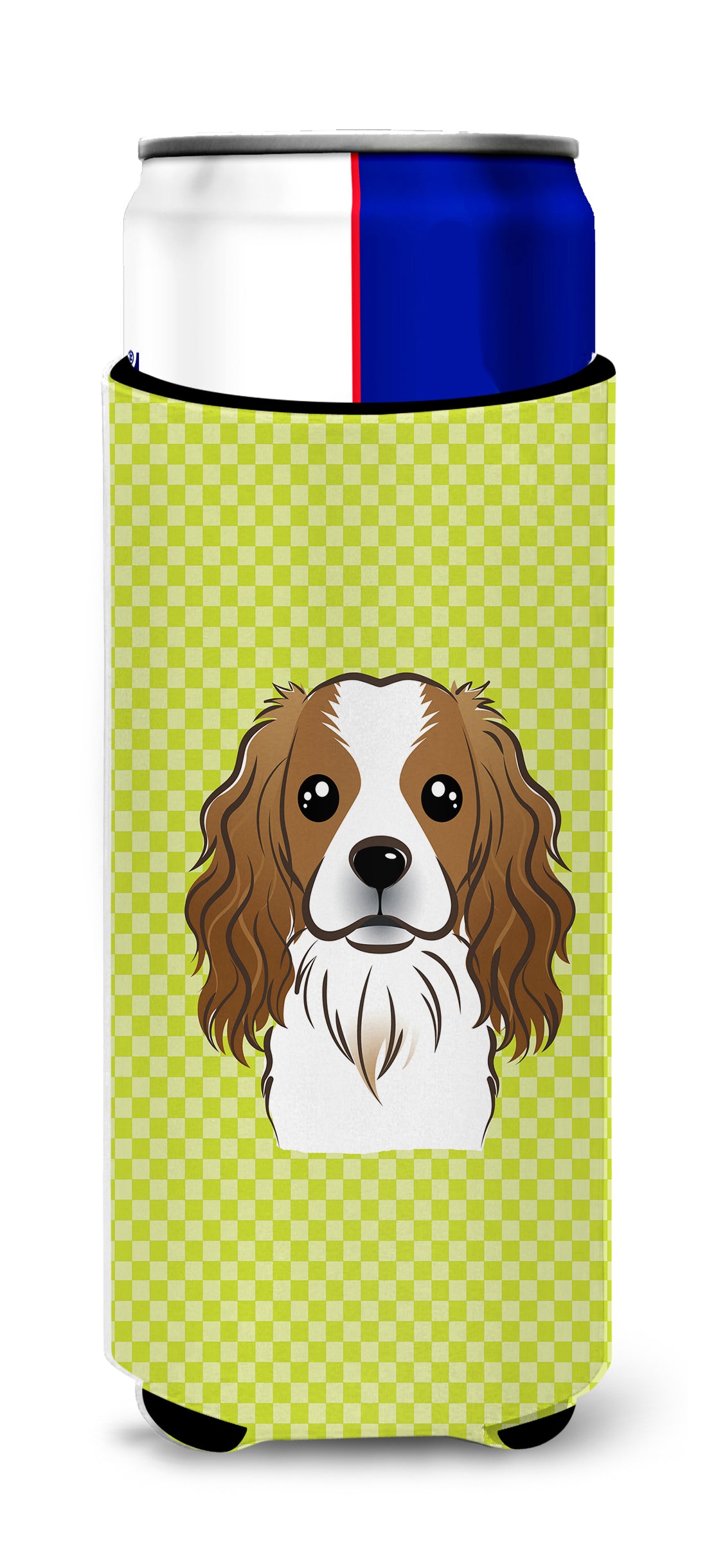 Checkerboard Lime Green Cavalier Spaniel Ultra Beverage Insulators for slim cans.