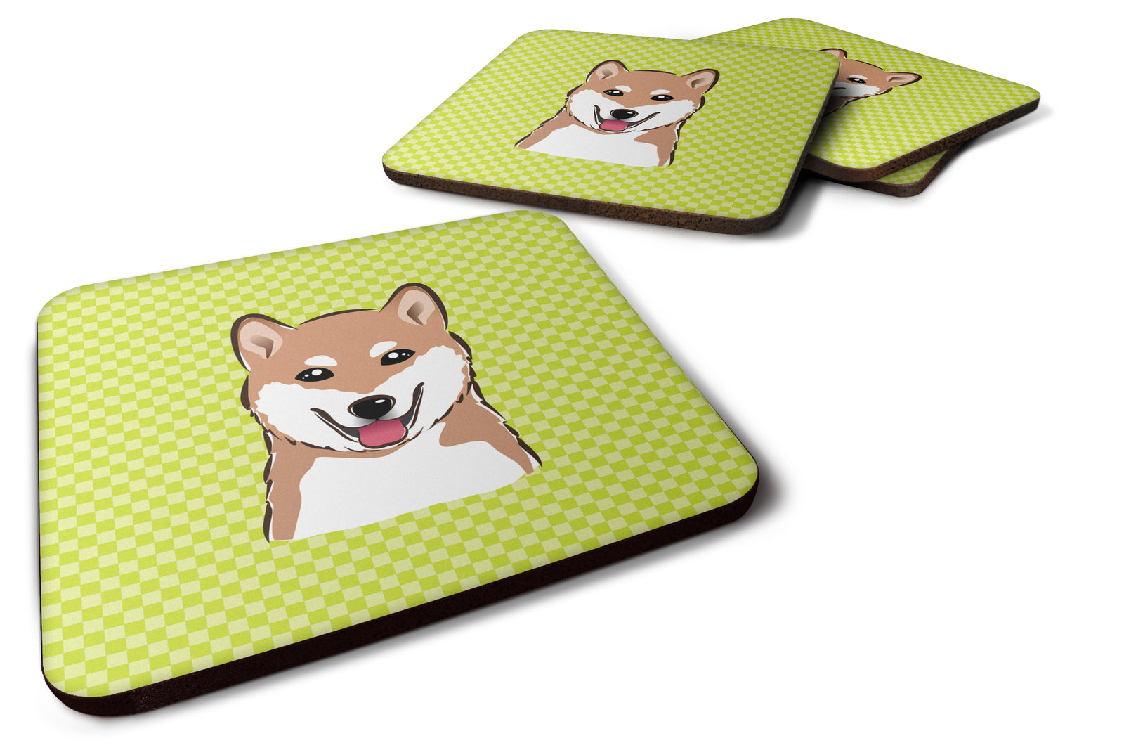 Set of 4 Checkerboard Lime Green Shiba Inu Foam Coasters BB1287FC - the-store.com