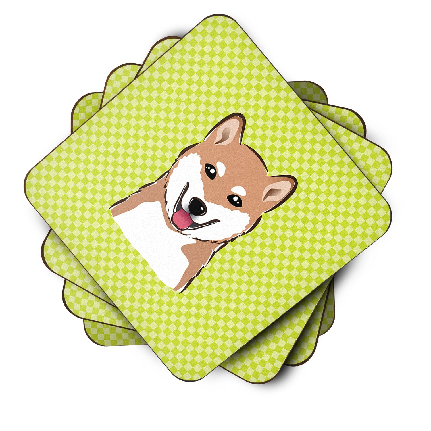 Set of 4 Checkerboard Lime Green Shiba Inu Foam Coasters BB1287FC - the-store.com