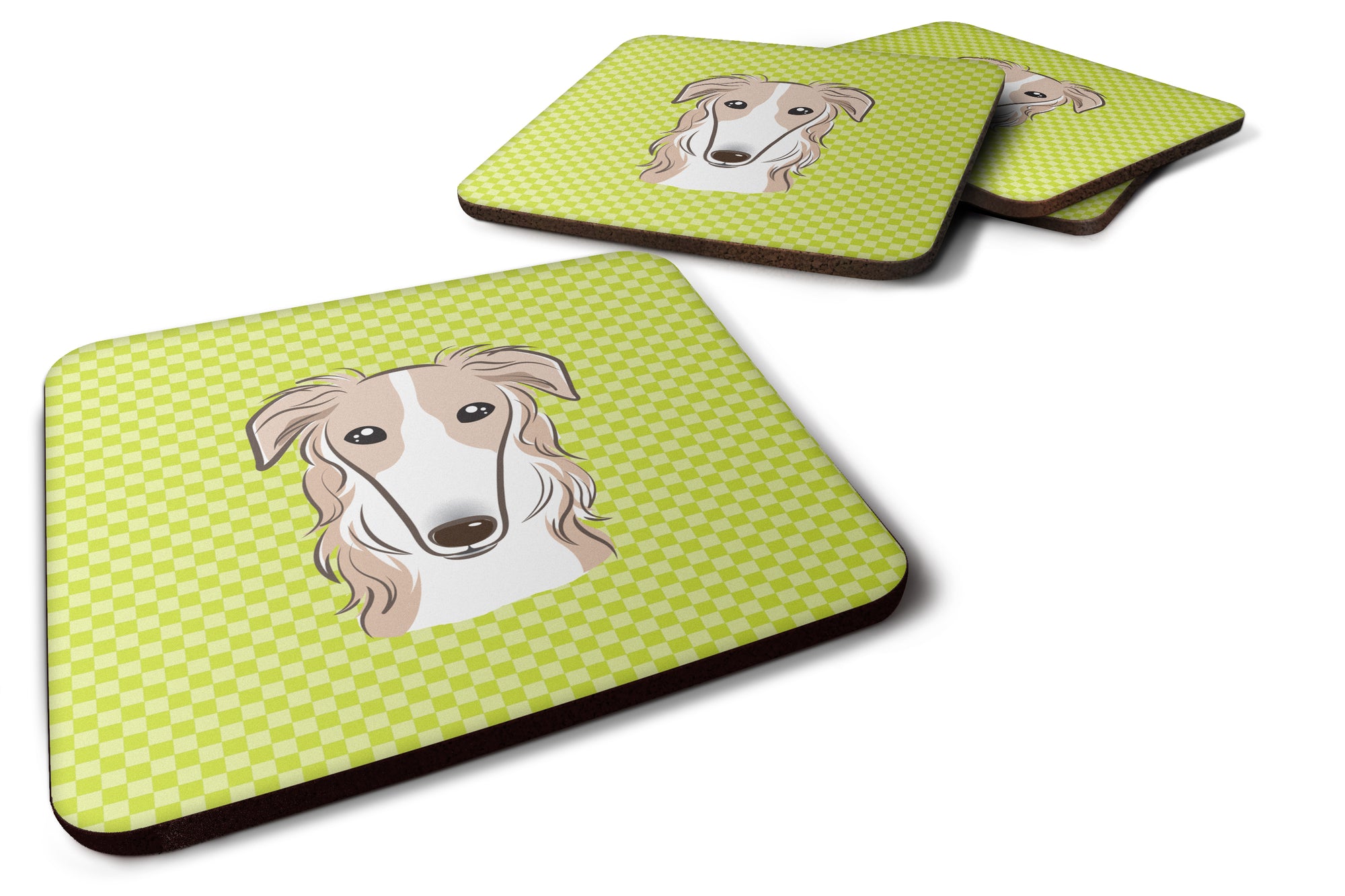 Set of 4 Checkerboard Lime Green Borzoi Foam Coasters BB1290FC - the-store.com