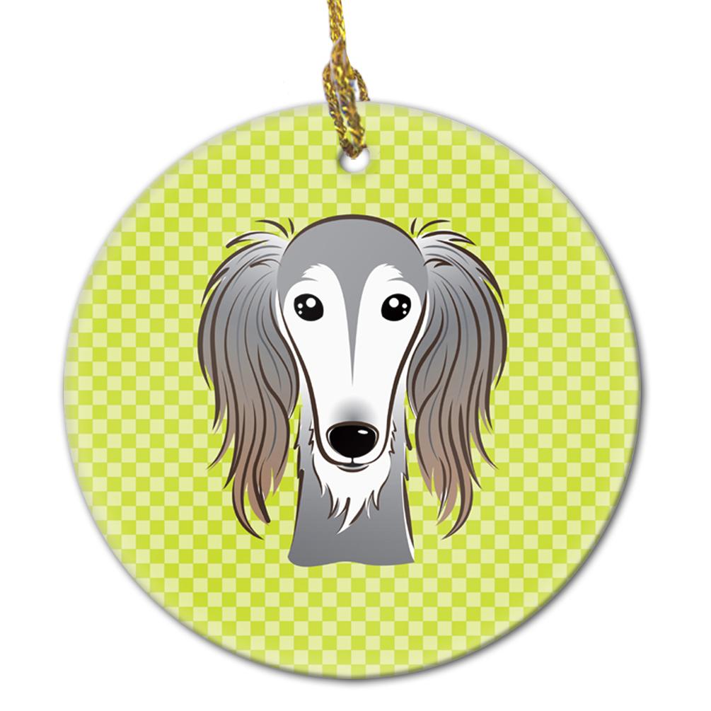 Checkerboard Lime Green Saluki Ceramic Ornament by Caroline's Treasures