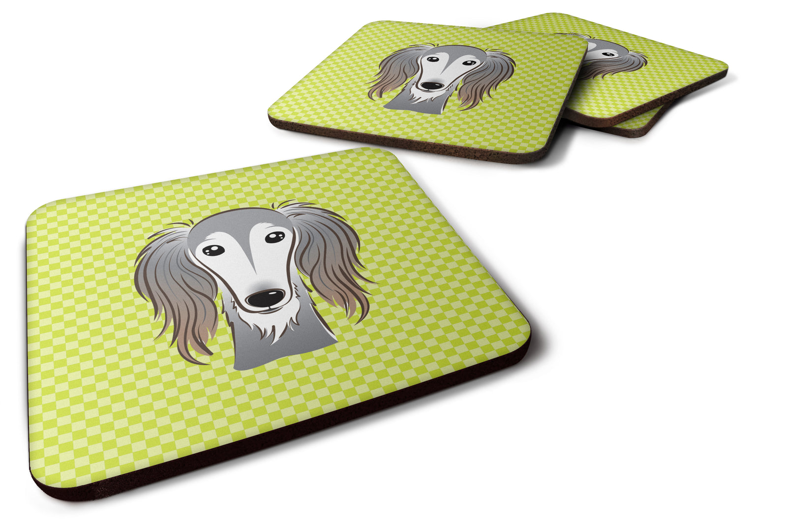 Set of 4 Checkerboard Lime Green Saluki Foam Coasters BB1291FC - the-store.com