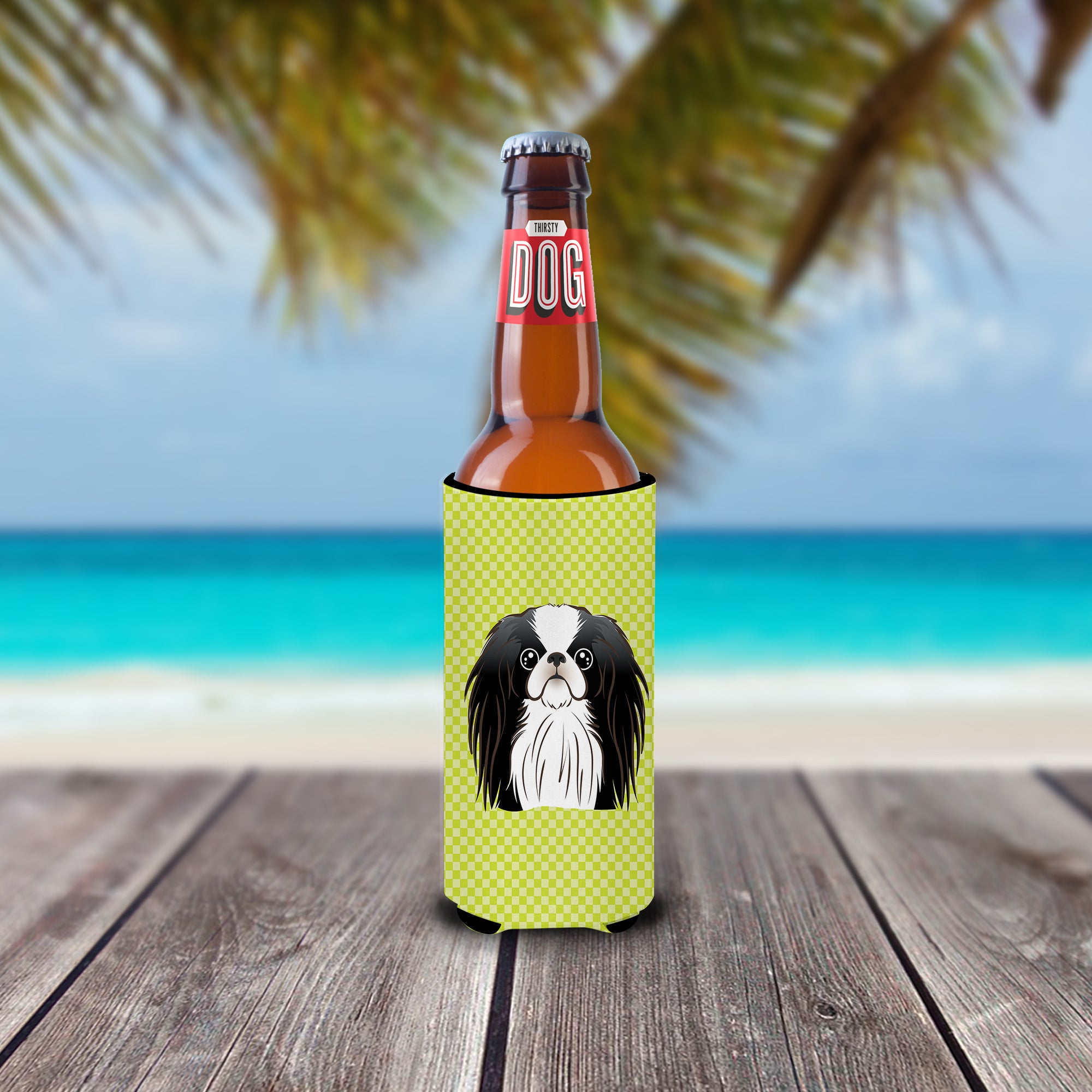 Checkerboard Lime Green Japanese Chin Ultra Beverage Insulators for slim cans.