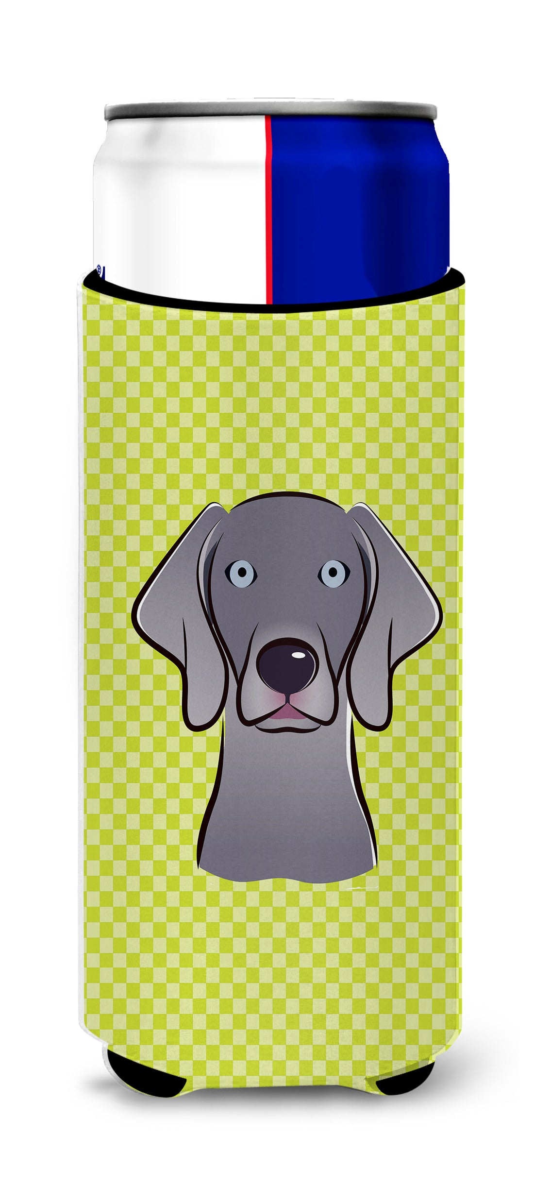 Checkerboard Lime Green Weimaraner Ultra Beverage Insulators for slim cans.