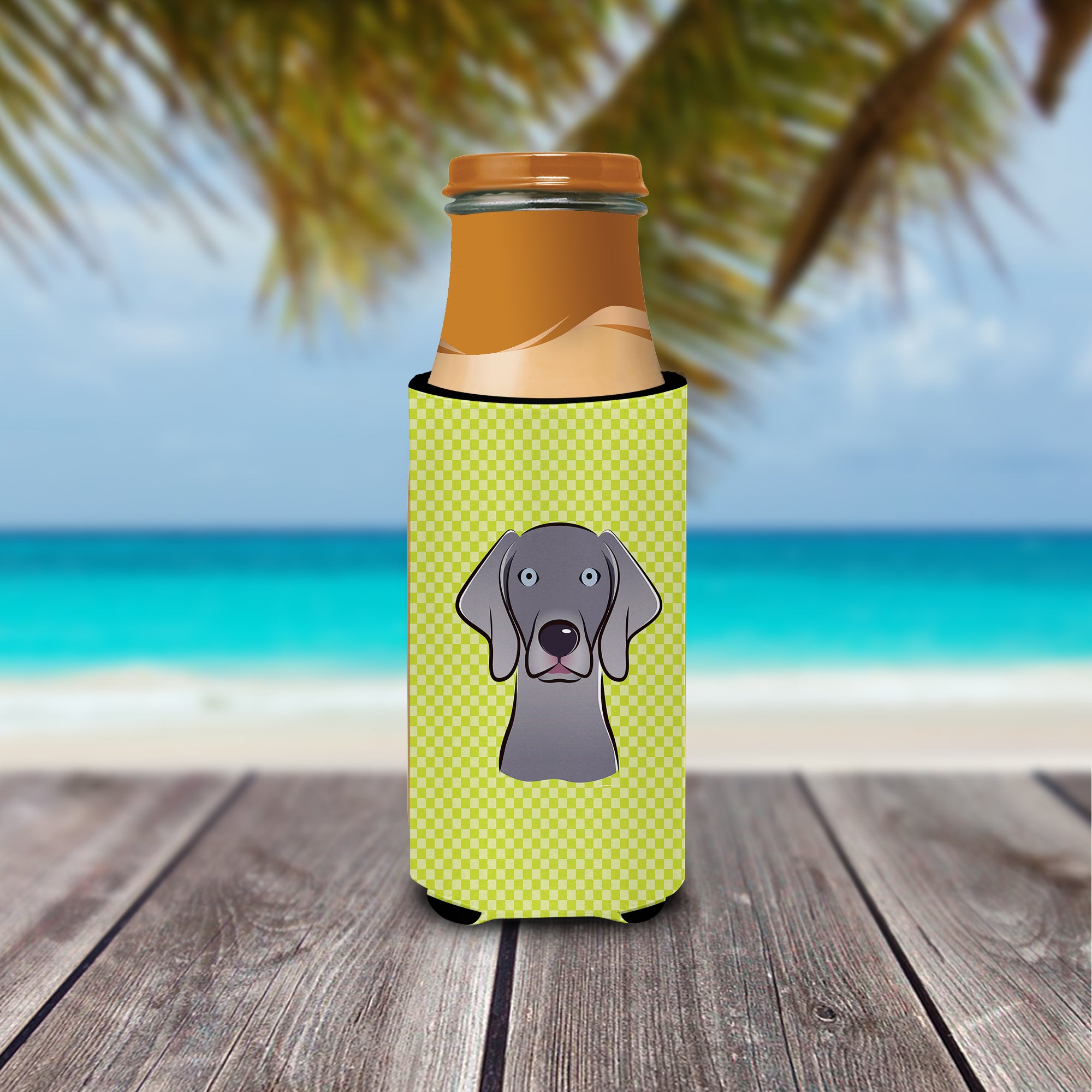 Checkerboard Lime Green Weimaraner Ultra Beverage Insulators for slim cans.