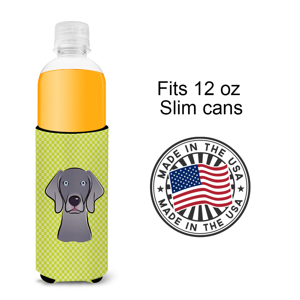 Checkerboard Lime Green Weimaraner Ultra Beverage Insulators for slim cans.