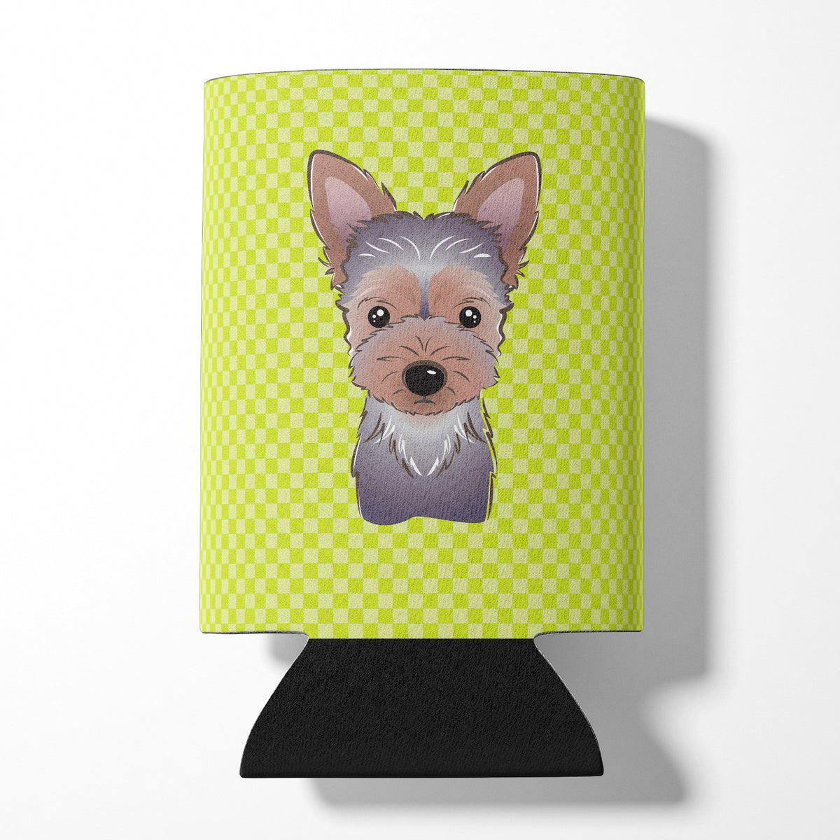 Checkerboard Lime Green Yorkie Puppy Can or Bottle Hugger BB1294CC.