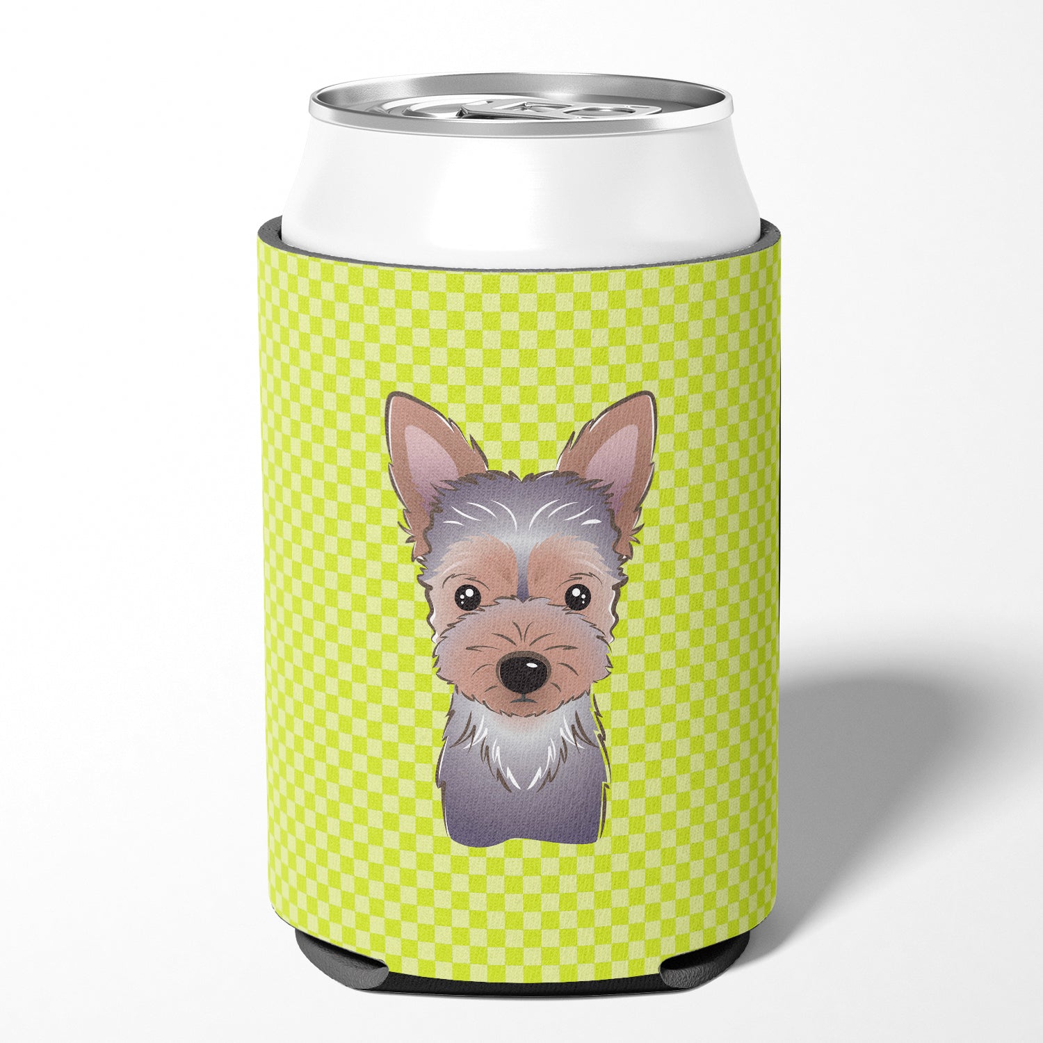 Checkerboard Lime Green Yorkie Puppy Can or Bottle Hugger BB1294CC.