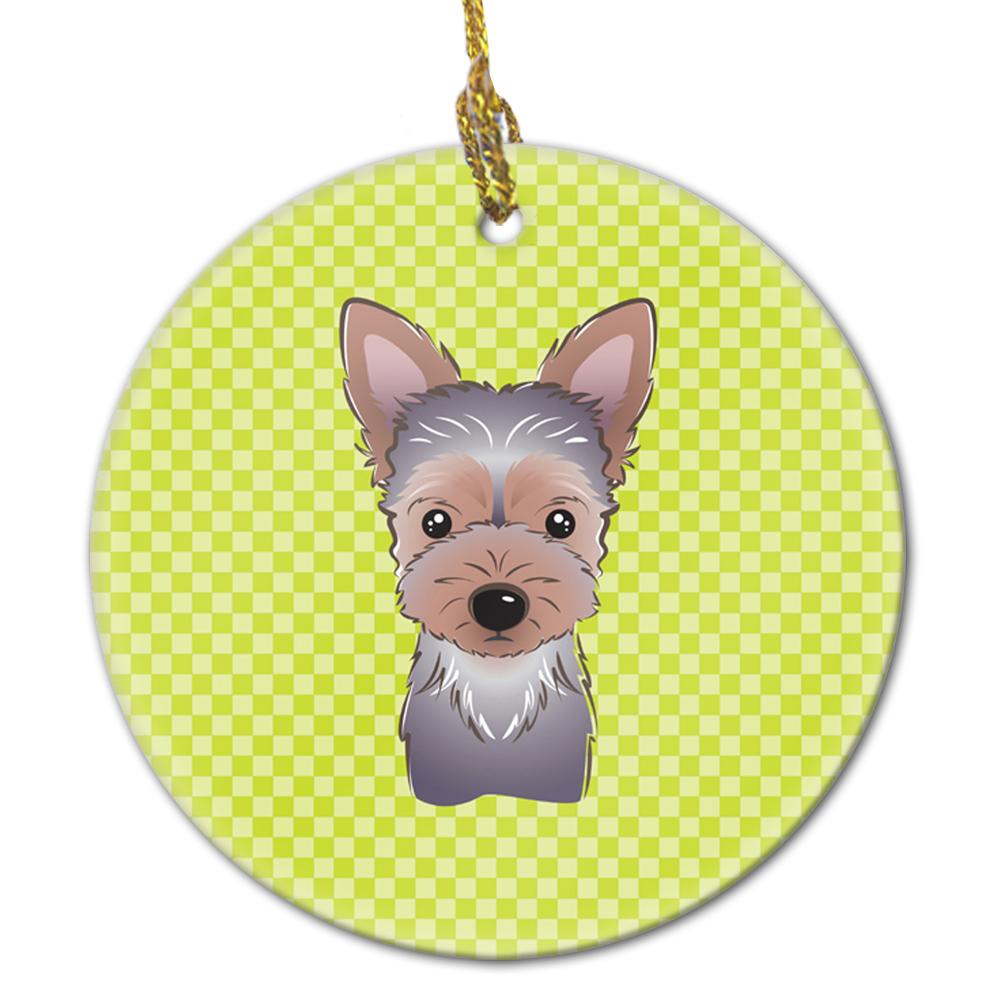 Checkerboard Lime Green Yorkie Puppy Ceramic Ornament by Caroline's Treasures