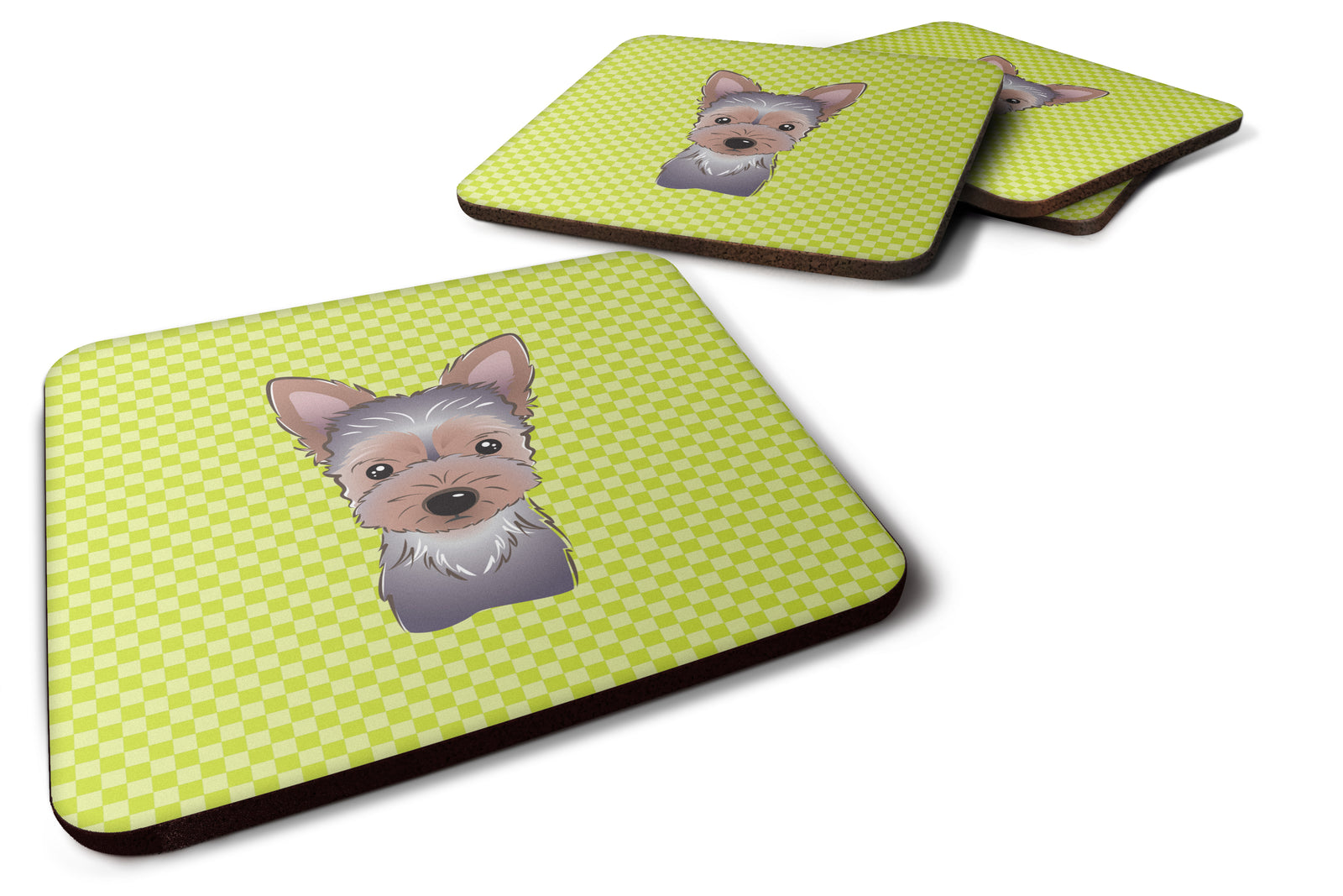 Set of 4 Checkerboard Lime Green Yorkie Puppy Foam Coasters BB1294FC - the-store.com