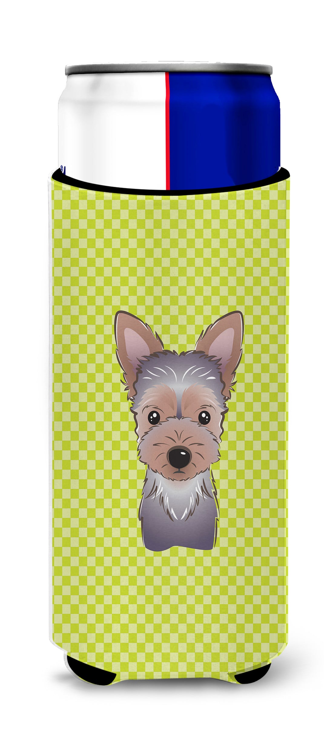 Checkerboard Lime Green Yorkie Puppy Ultra Beverage Insulators for slim cans.