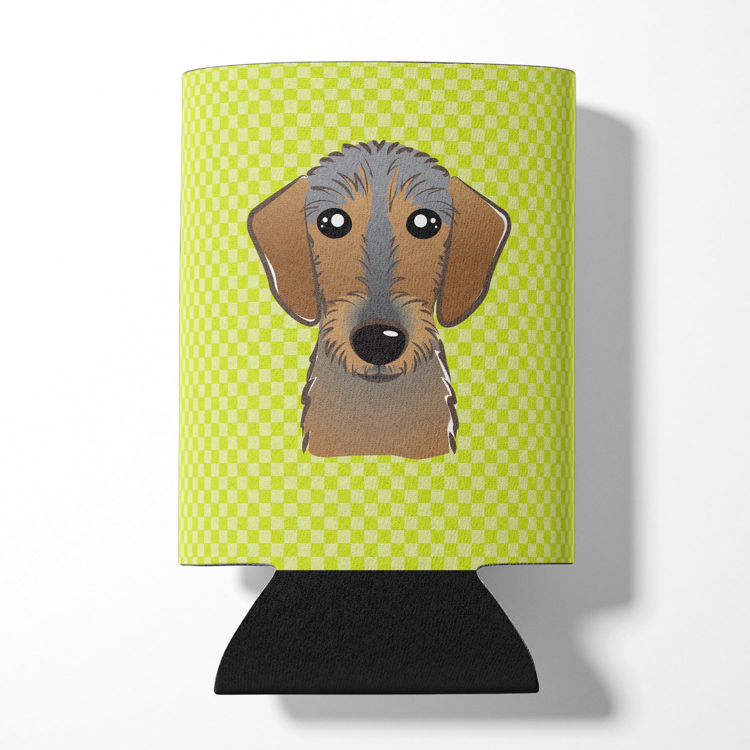 Checkerboard Lime Green Wirehaired Dachshund Can or Bottle Hugger BB1295CC.